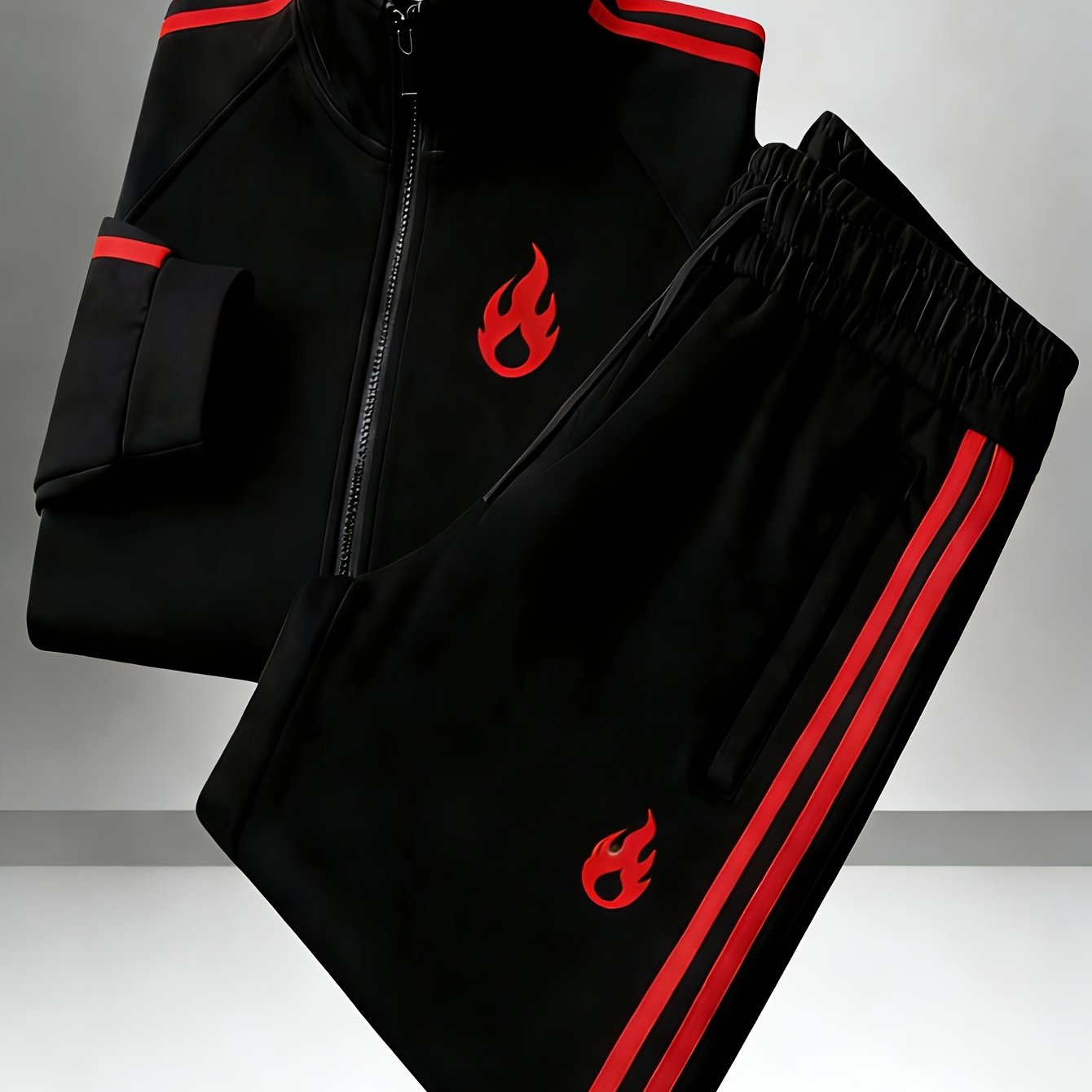Men's Polyester Stand Collar Zipper Sports Set Simple Printed Side Stripe Loose Casual 2pcs Suit