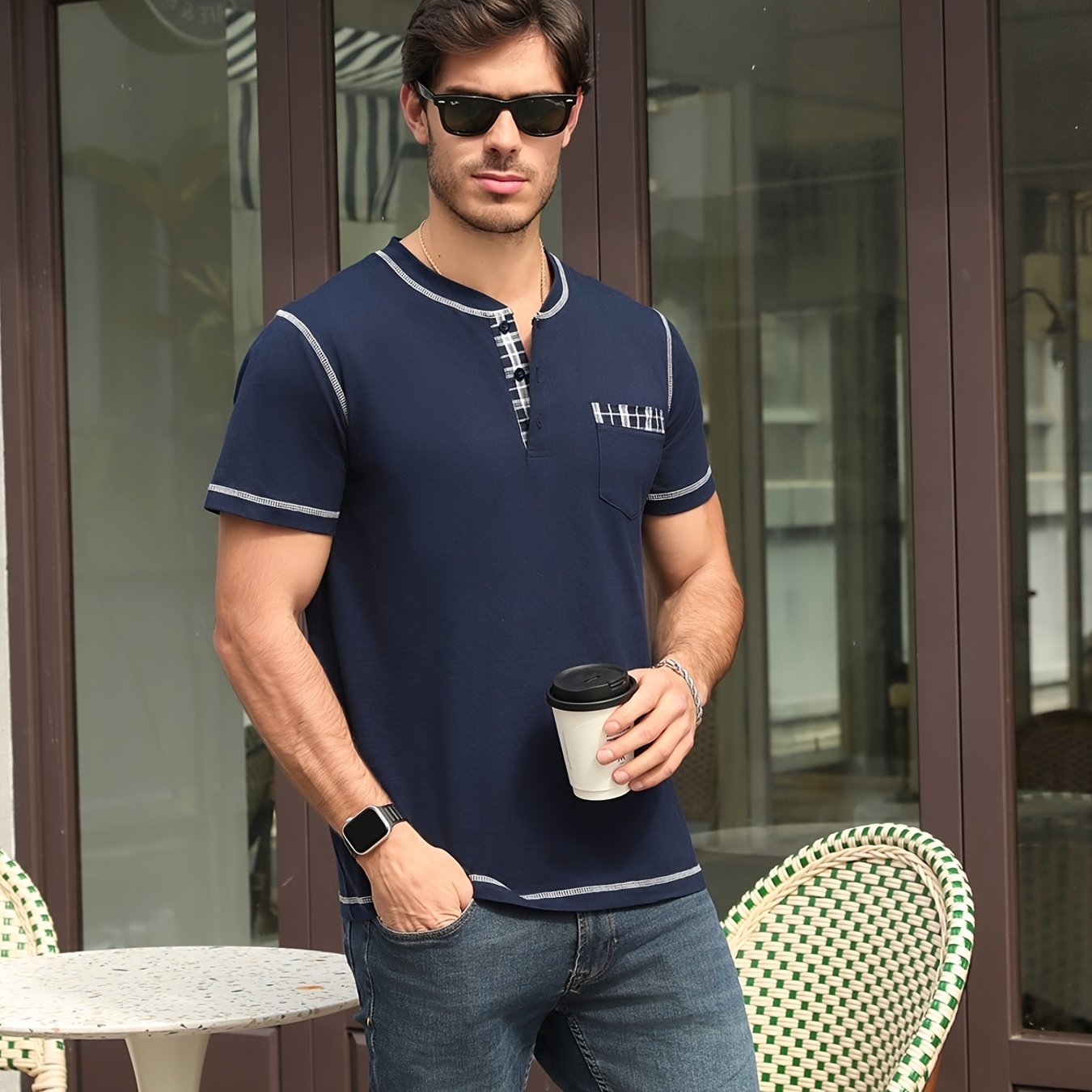Image of Men's Cotton Short-sleeve Pajamas, 2pcs Set With T-shirt And Shorts, Nightwear, Men's Loungewear