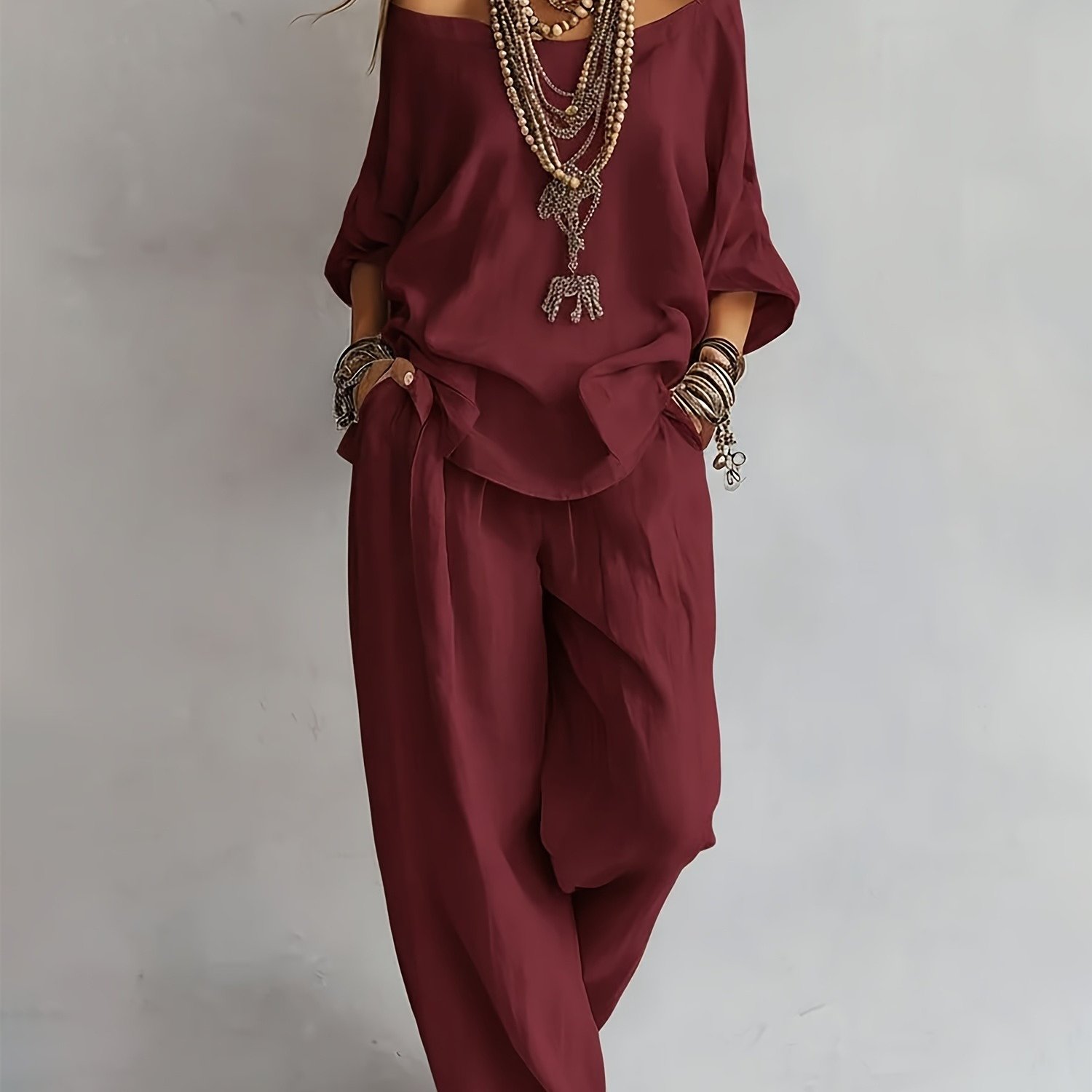 2pcs Package, Women' -word Shoulder Top With Wide-leg Pants Set, European Coastal Resort Cities Strolling In The For Casual Wear, The For Shopping Gifts