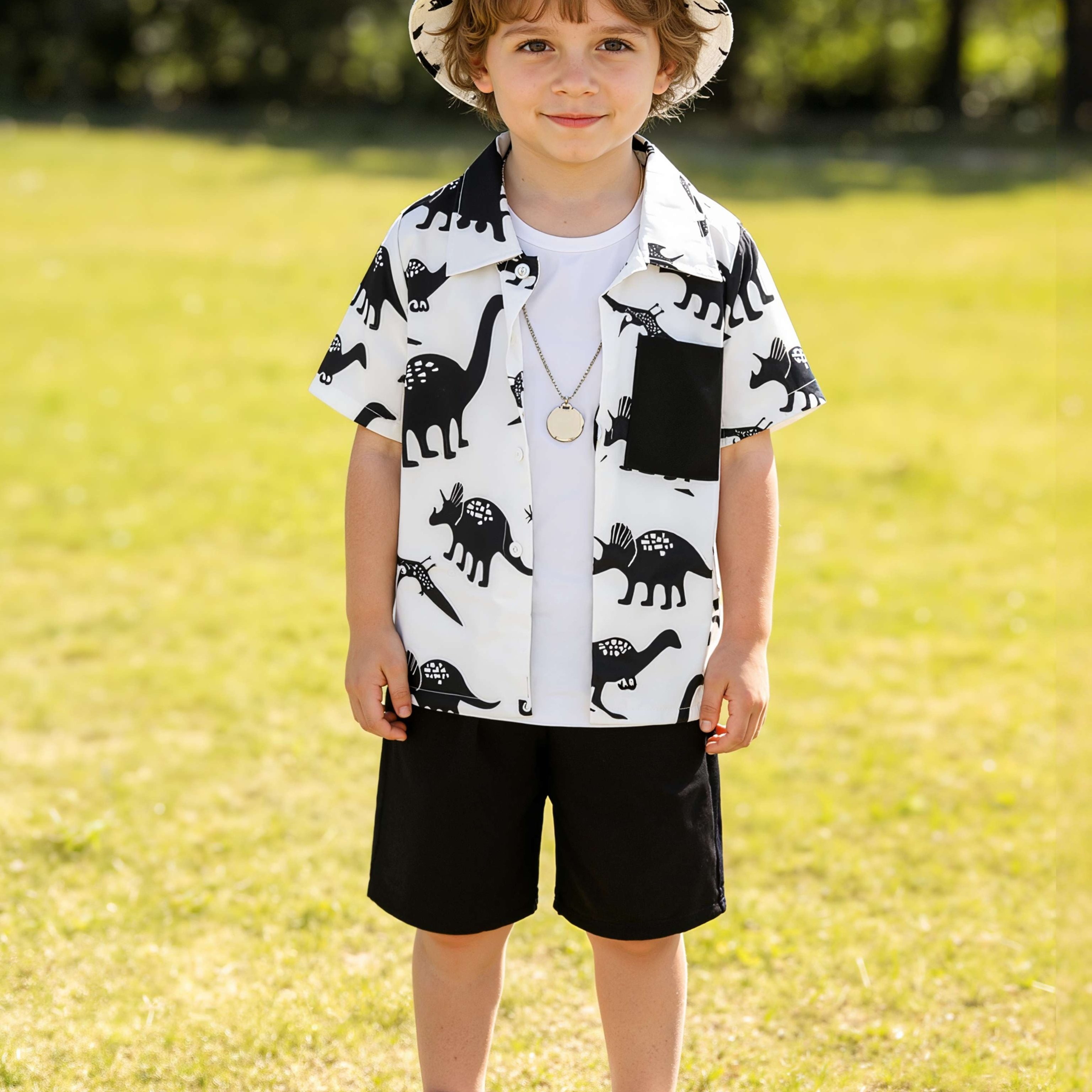 Boys' Summer Dinosaur Cartoon 3pcs Set: Short Sleeve Shirt, Bucket Hat & Shorts - Casual , Perfect For Outdoor