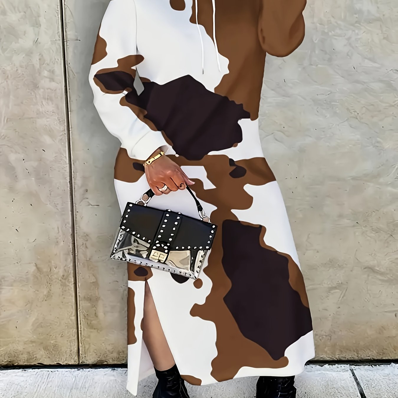 Plus Size, Women's Plus Size Cow Print Hooded Sweatshirt Dress - Side Slit Detail, Hoodie Style, Machine Washable Casual Streetwear, , Chic Outfit For Fall/winter Layering