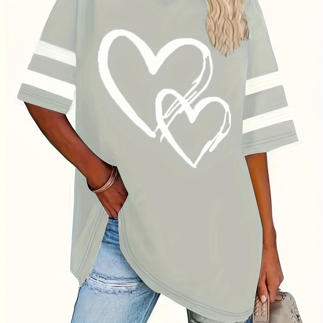Image of Plus Size, Plus Size Simple Heart Print Spring/summer Elegant And Comfortable Short-sleeve T-shirt Top