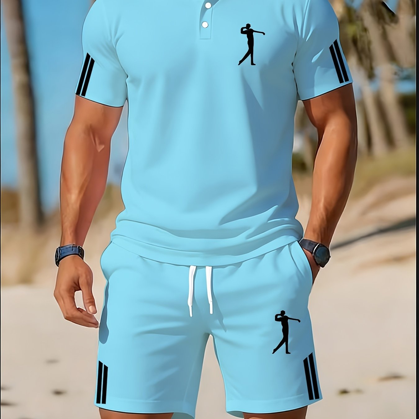 Image of [2ps] Men's Suit Summer Casual Sports Set, Short-sleeve With Shorts Two-piece Set, Fashionable, Casual, Versatile, Slightly Stretchy, Regular Fit, Comfortable