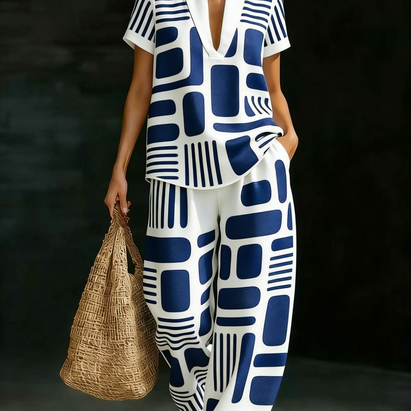 Women's 2pcs Set: A Collared V-neck Short-sleeved Top With High-waisted Wide-leg Pants. An Elegant And Relaxed Set With Pockets, Perfect For Summer Vacations And Casual Casual Attire.