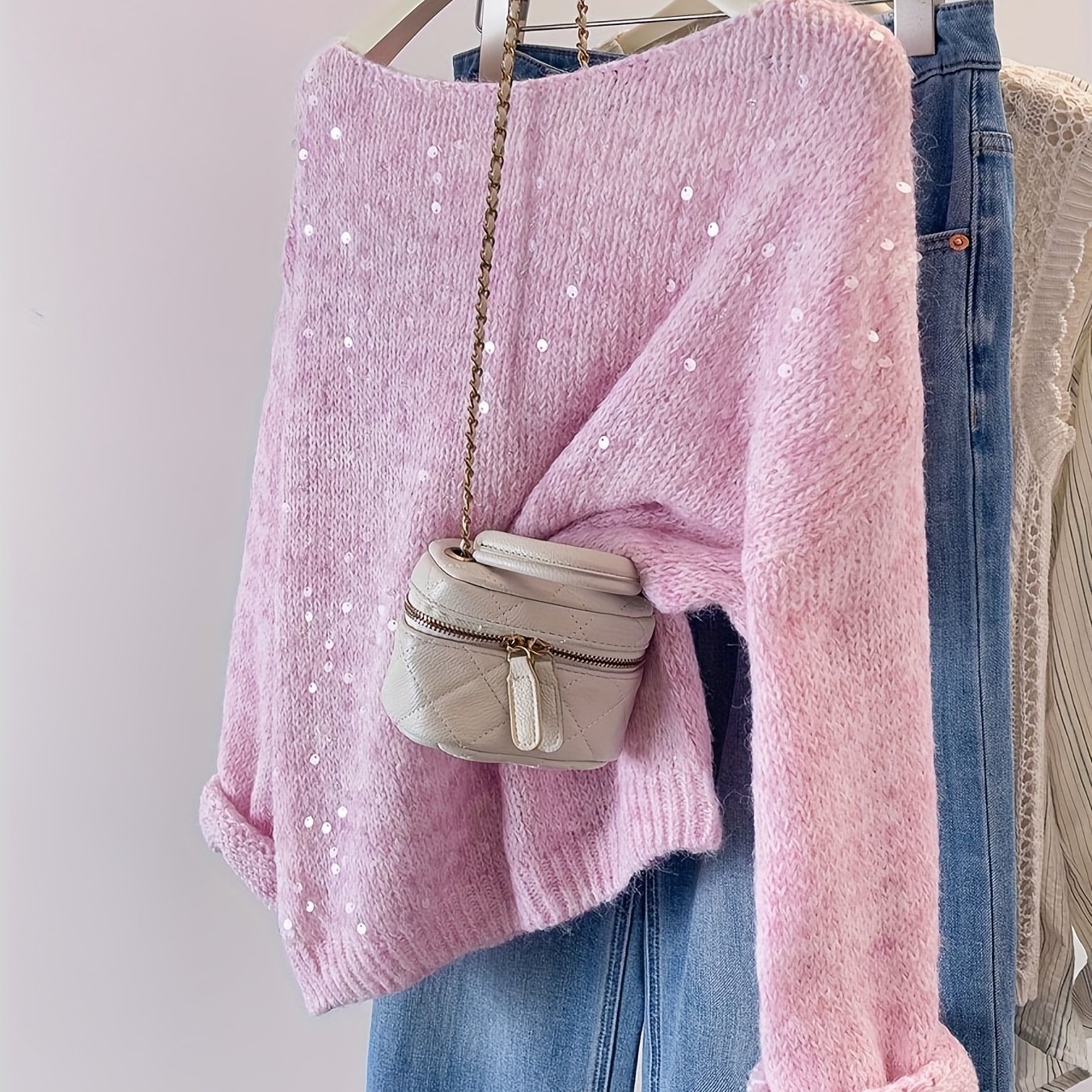 Image of Pink Versatile Sweater For Women, Gentle Style With Heavy Embellishment And Sequins, Fashionable Spring Korean-style Sweater, Stunning Top With