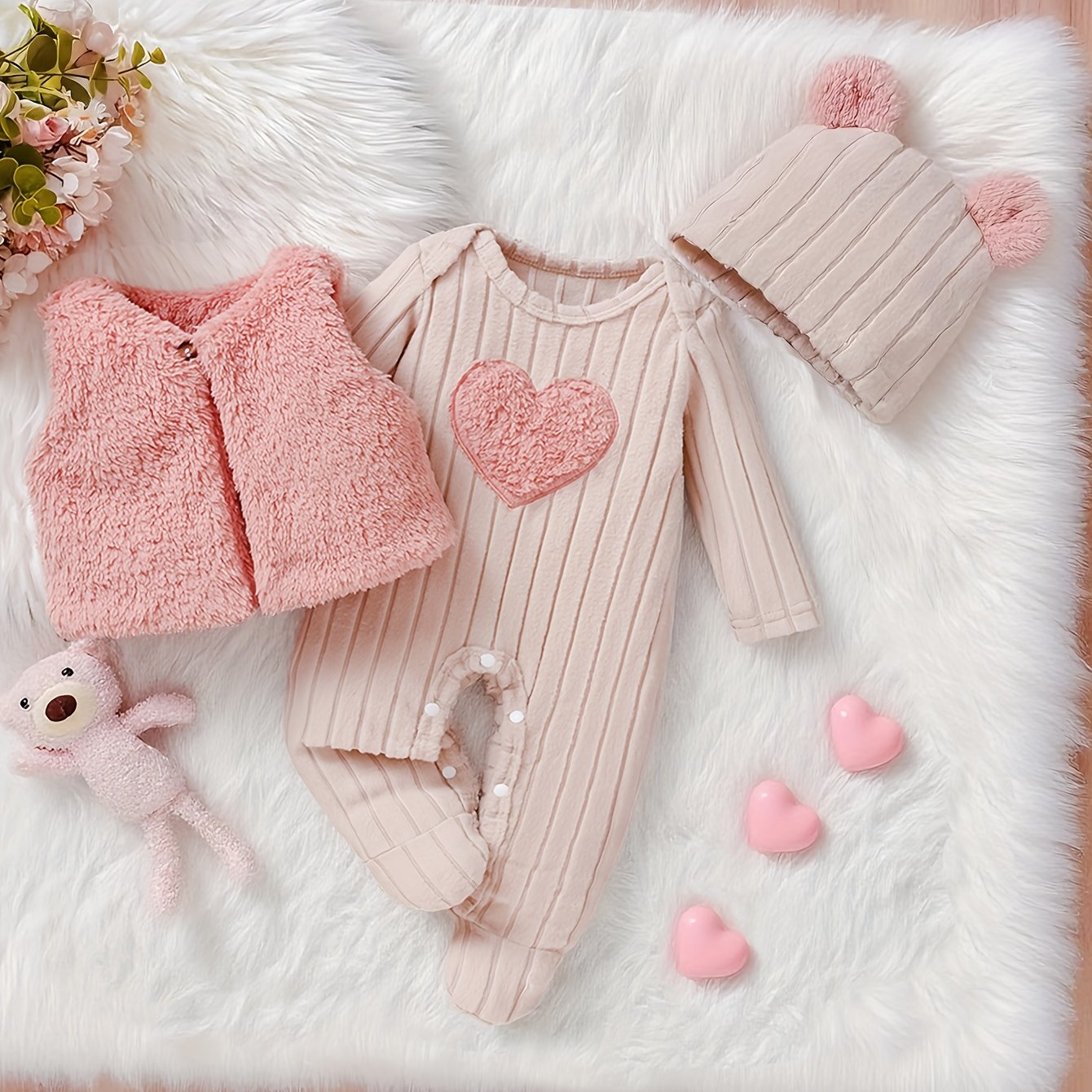 Image of Autumn Winter New Baby Girls Knit Ribbed Heart Embroidered Footed Leggings Furry Vest Coat Cute Set, For Outdoor