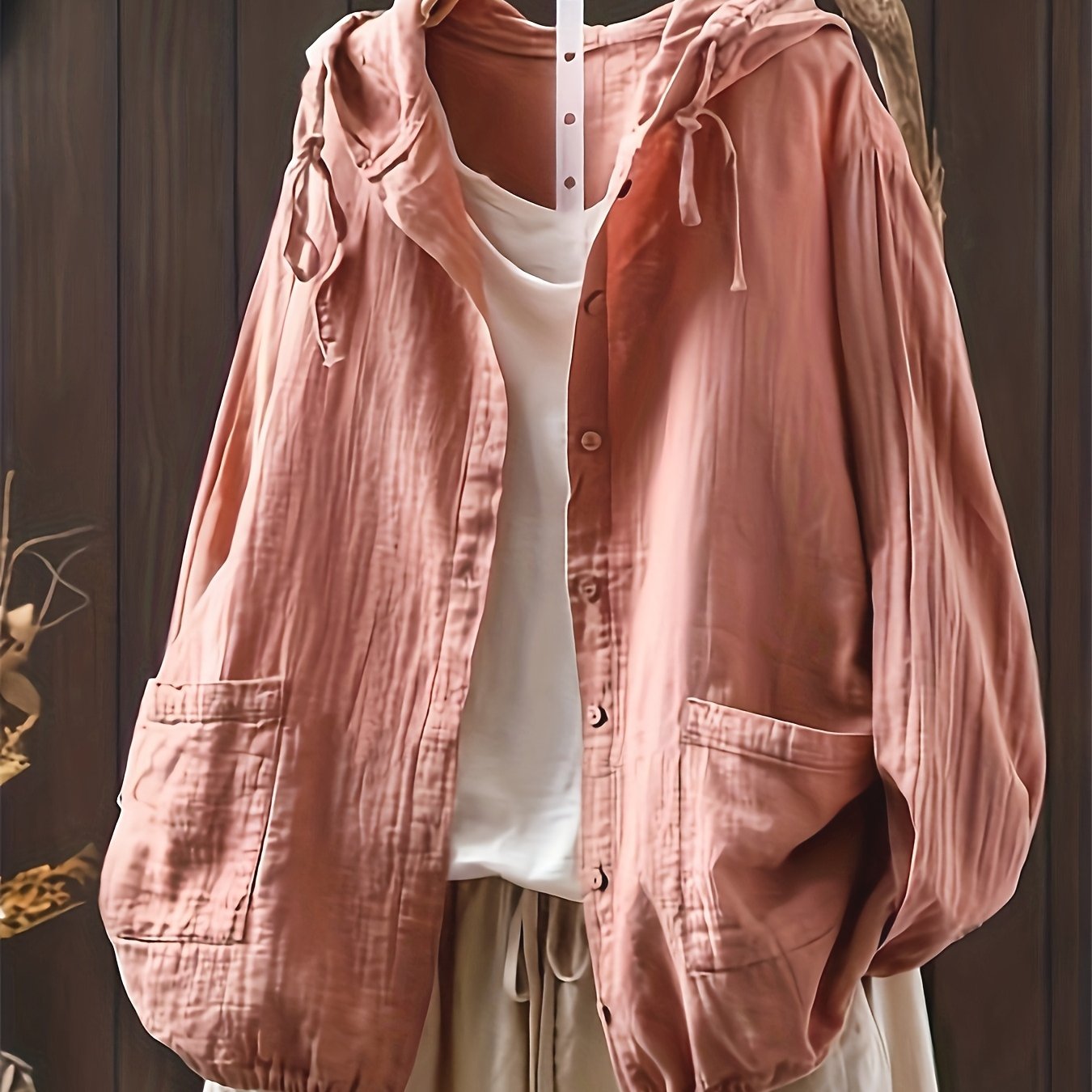 TEMU [size For Regular Fit]women's Literary Casual Soft Long-sleeve Hooded Shirt Jacket With Drawstring Pockets, Loose Fit For Autumn