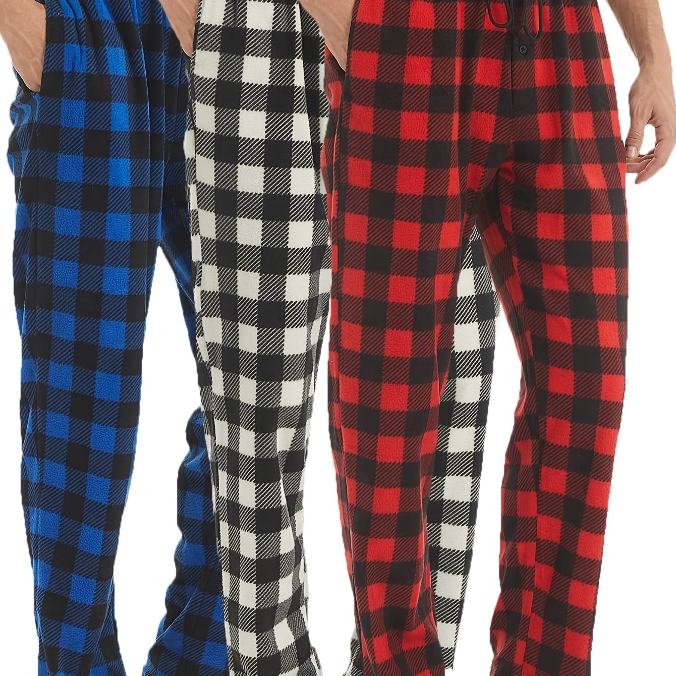 TEMU Conjunto de 3 piezas para hombre, pantalones cálidos de forro polar con estampado de cuadros para otoño e invierno, con bolsillos, cordón