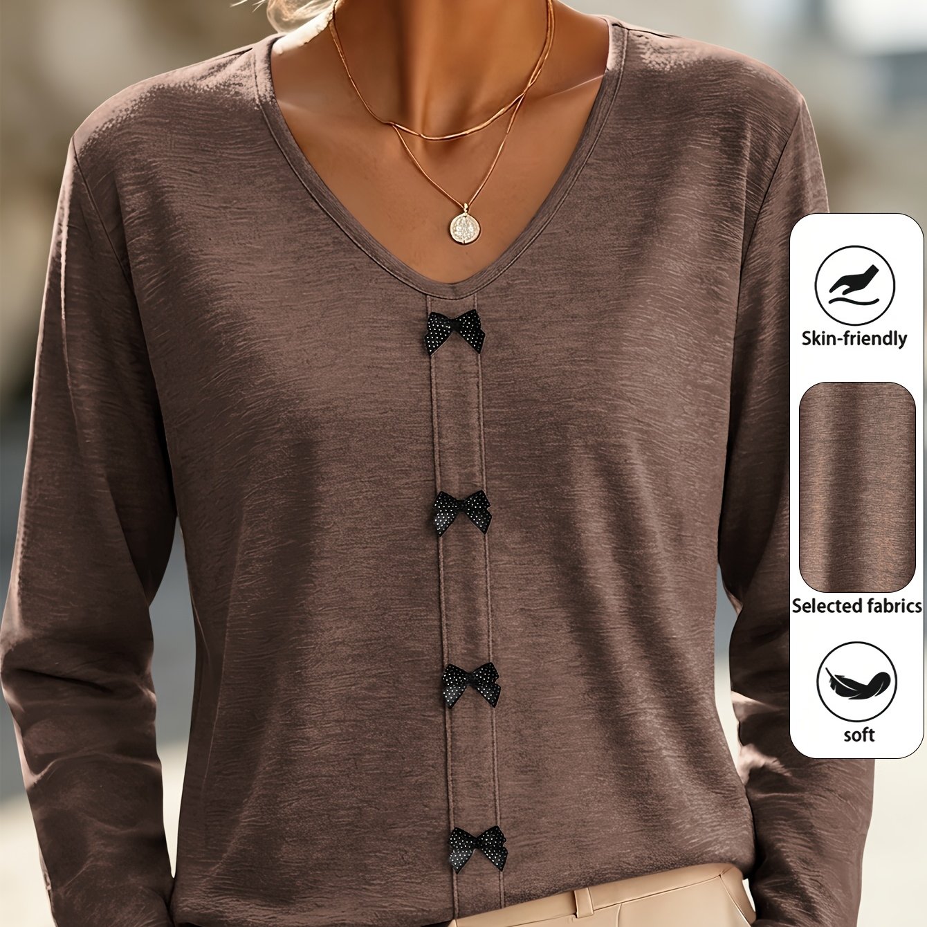 TEMU New Autumn/winter Casual Fashion Solid Color V-neck Polka Dot Bow Decoration Long Sleeve T-shirt