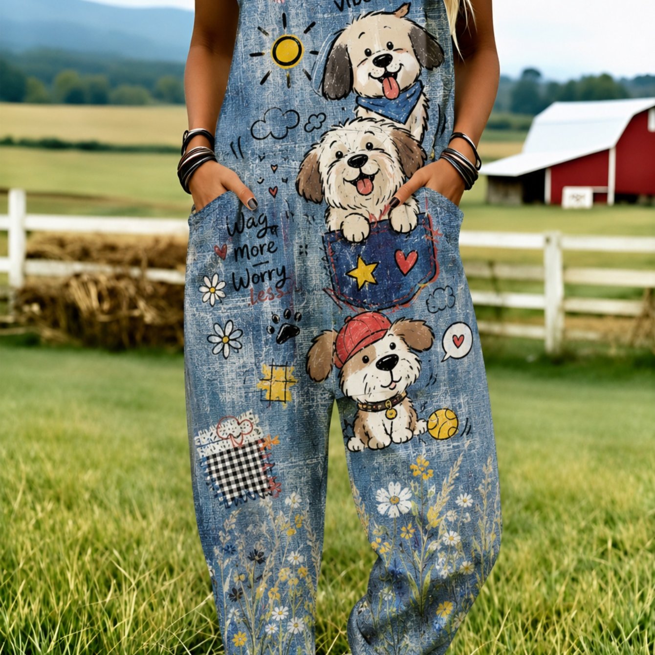 Image of Plus Size Women's Overalls 0xl-5xl Dogs Flowers Sun Clouds Hearts Comfortable And Breathable Wide-leg Pants Clothing Suitable For Spring, Summer, And Autumn Machine Washable