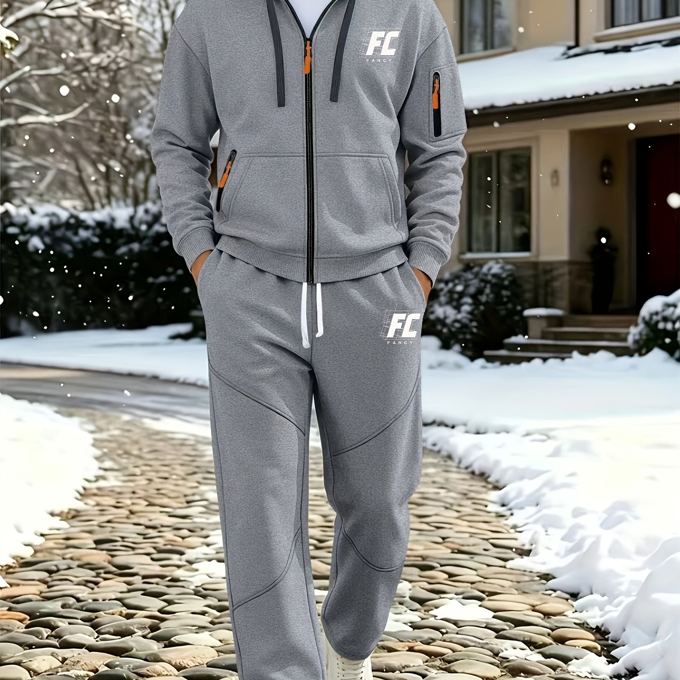 TEMU Men's Multi-pocket Hooded Tracksuit, + Contrast Color Details, Loose Fit, With A Textured And