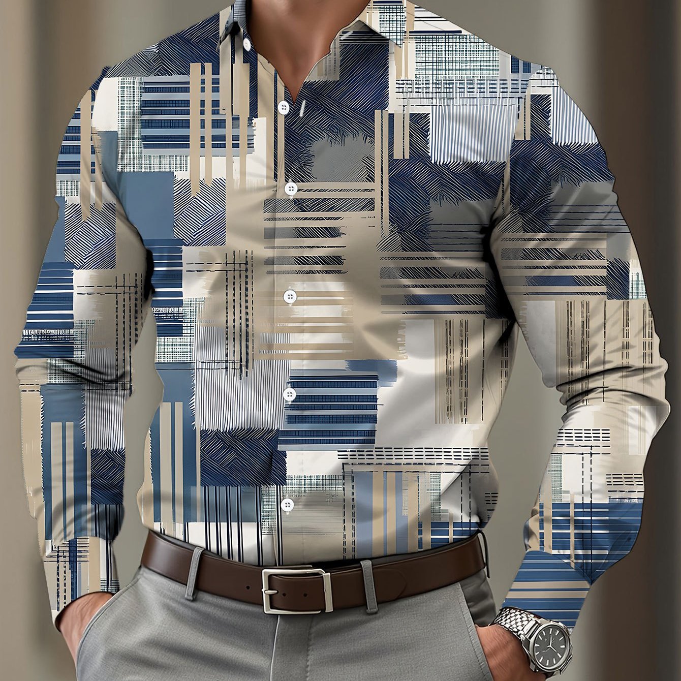 TEMU Standard Size Men's Long Sleeve Printed Shirt In -beige, Geometric Abstract Line Pattern, Fashionable Casual Button- Lapel Shirt For Men,