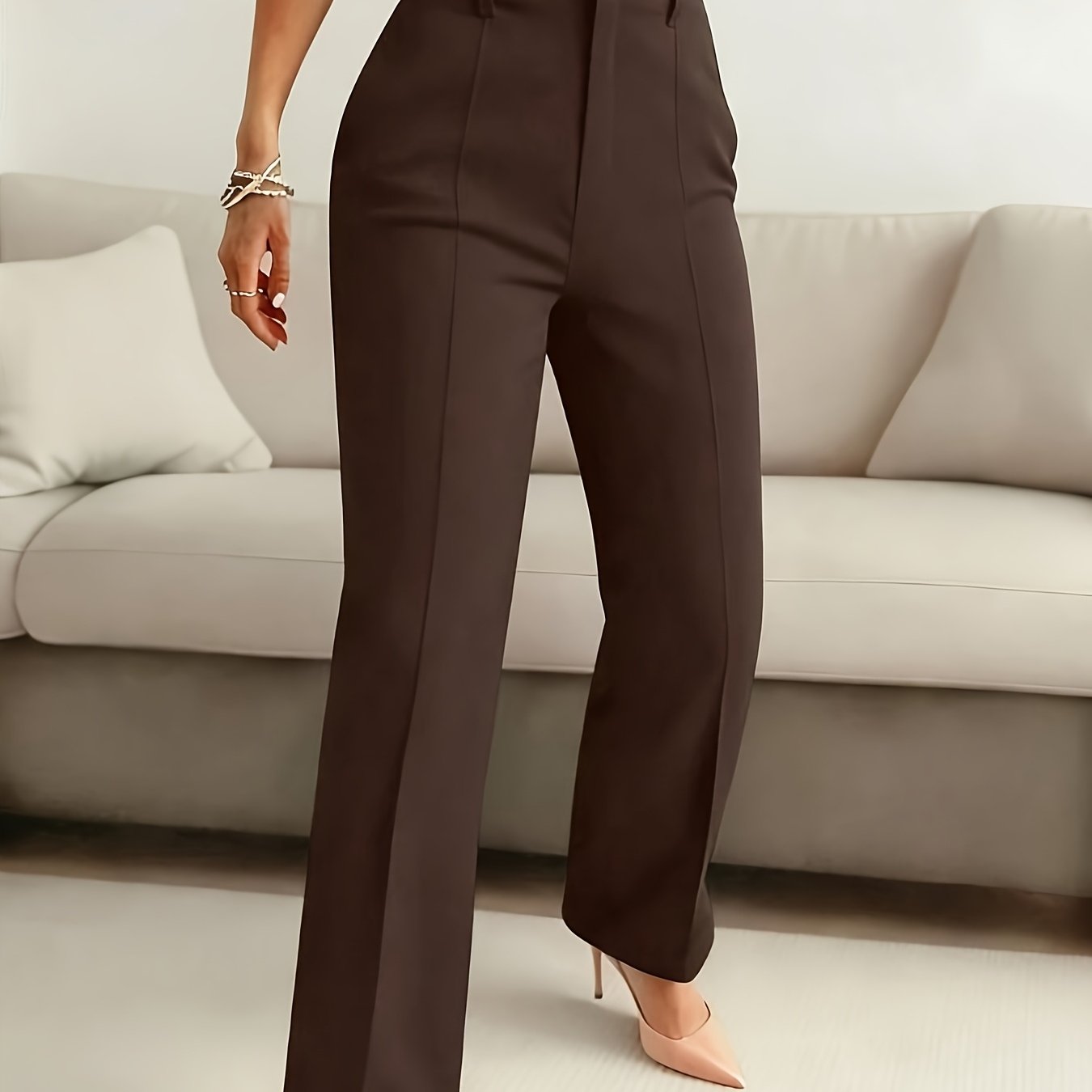 TEMU Women' Color Straight-leg Trousers, Elegant And , Suitable For Commuting Occasions, A Four-season Commuting Style, Belt Not Included