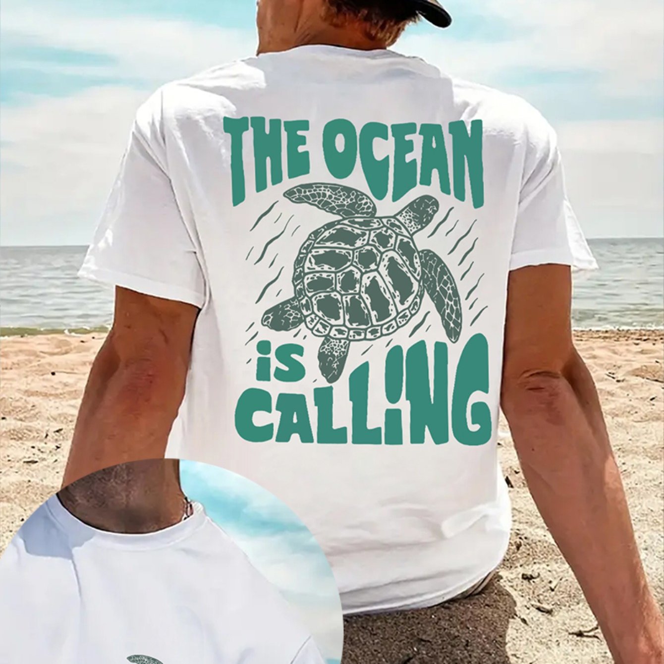 TEMU Front Back Image, Personalized, Easy, , Turtle Print, Trendy Men's Summer Solid Color Top T-shirt, Comfortable Short Sleeved, Regular Fit,
