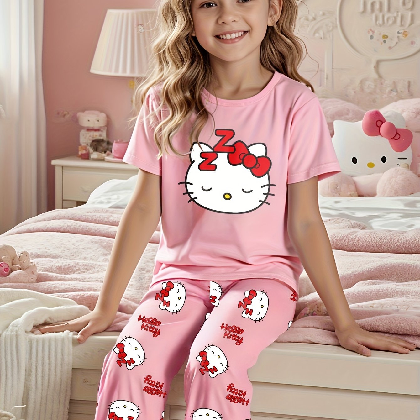 Image of (flame Retardant) Authorized Girls' Short-sleeved Trousers Summer Round Neck Cute Pink Hello Kitty Homewear Casual Set