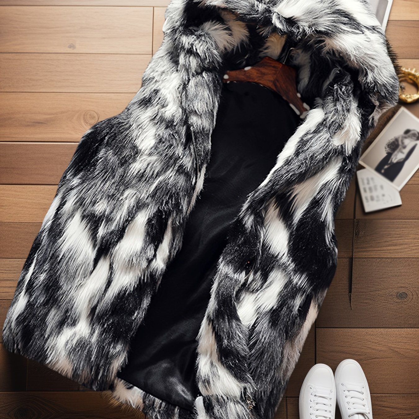 Image of Men's Fashion Faux Fur Hooded Vest Jacket | Trendy And Plush Artificial Fur Coat, Warm Autumn And Winter Wear, Sleeveless Waistcoat