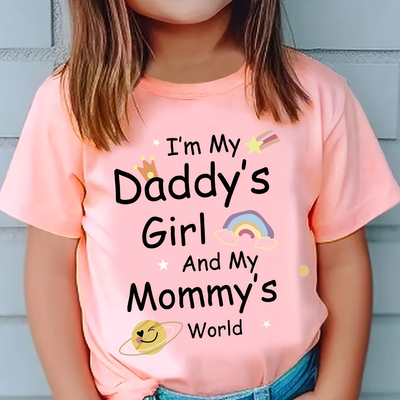 Image of Girls' Casual T-shirt | "i'm My And 's World" Alphabet Print, Crew Neck, Stretch Fabric, Regular Fit For Spring/summer