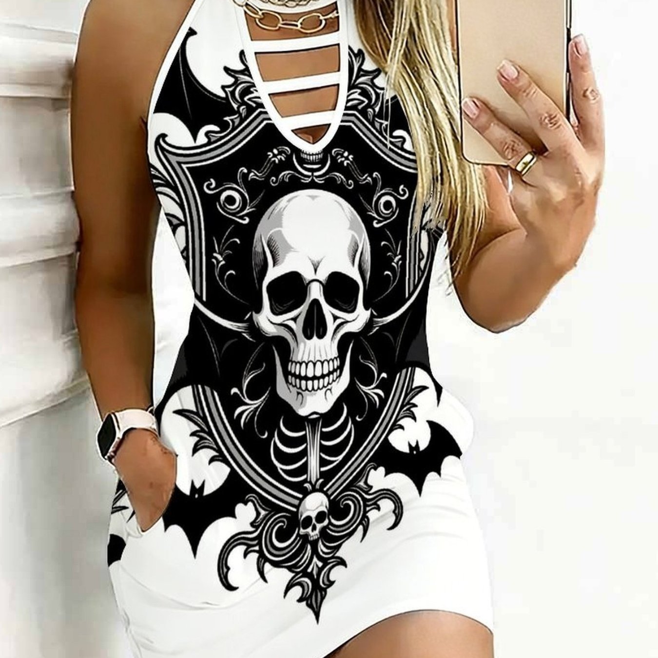 TEMU New Women's Fashion Printed Vest Dress With 3 Stripes, Bodycon Skirt, Women's Round Neck Dress, Elegant Casual Vacation Sleeveless Dress