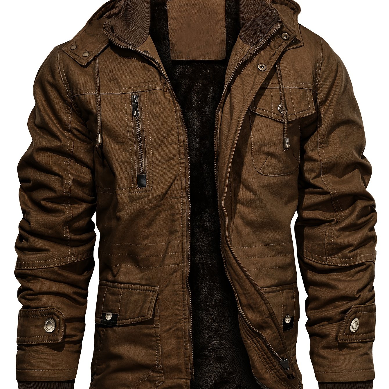 Men's Thick Winter Hooded Jacket In A Vintage Style Made Of 100% - Warm, Durable, And Featuring Multiple Pockets | Perfect For Hiking, Traveling, And Casual Wear | Snap Button Closure, Long Sleeves