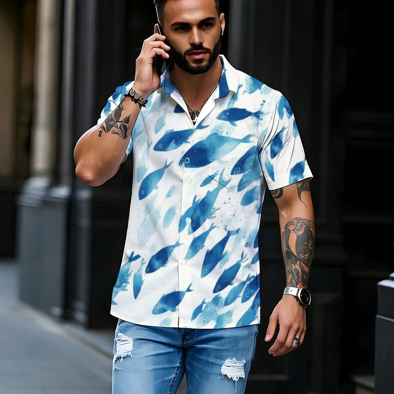 TEMU Men's Lightweight Blue Fish Print Short Sleeve Shirt For Beach, Casual , And Summer Parties Breathable, Stylish, And Comfortable Wear