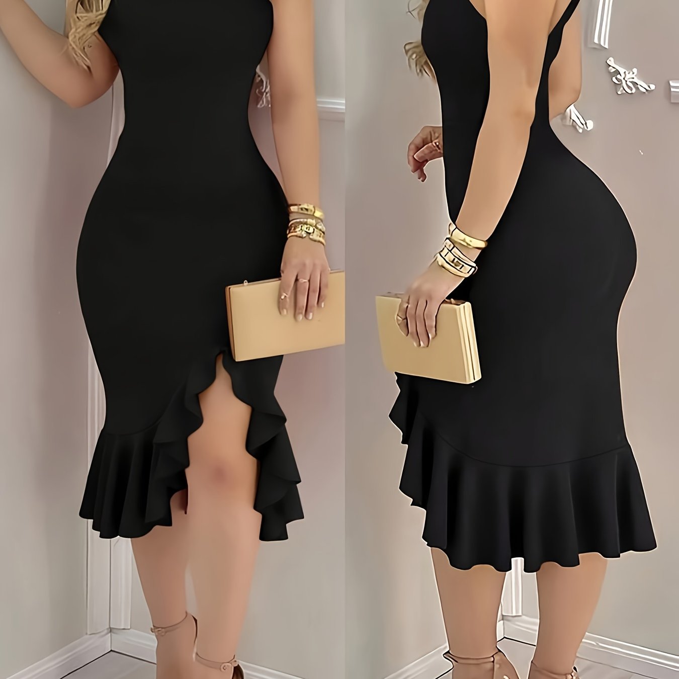 TEMU Elegant Women's Bodycon Dress With Hem, Asymmetrical Neckline, Bow Detail, Pleated Slit Hem. Spring/summer Draped Style, Fashionable Sexy