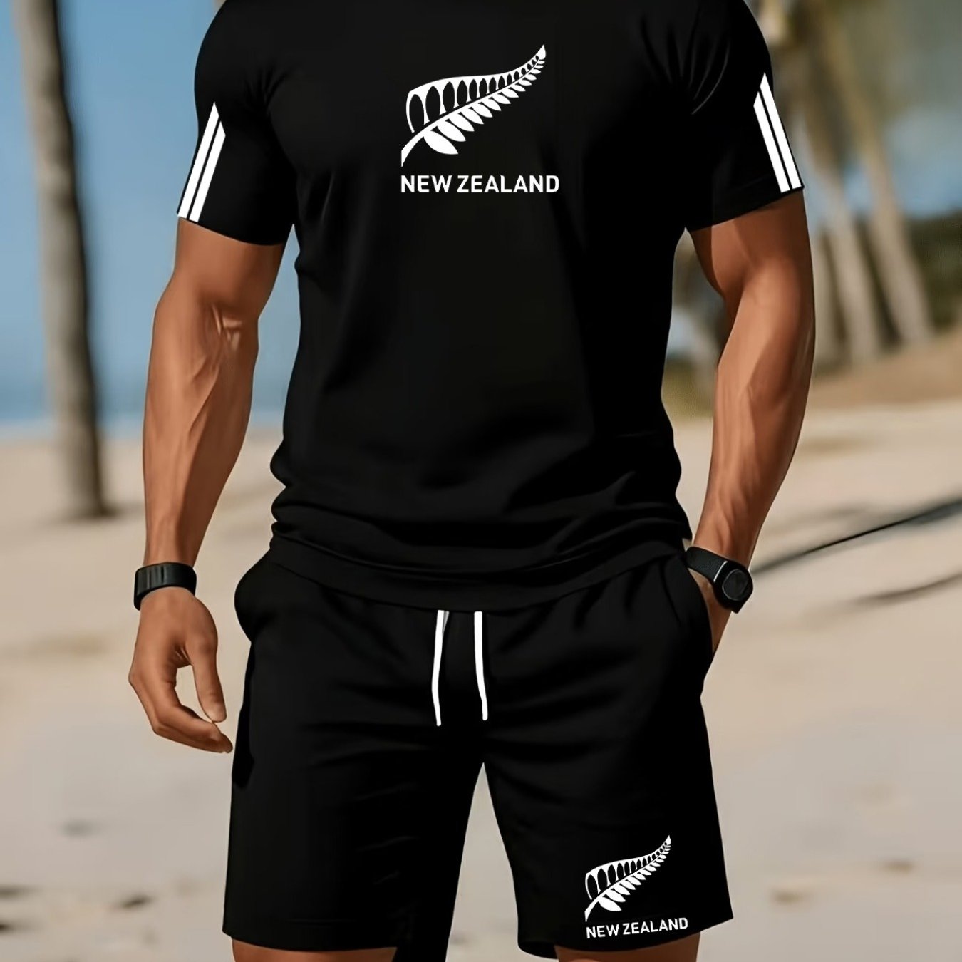 TEMU Ensemble tendance pour homme d'été décontracté avec t-shirt à manches courtes et short, tissu extensible, imprimé aléatoire, tenue confortable