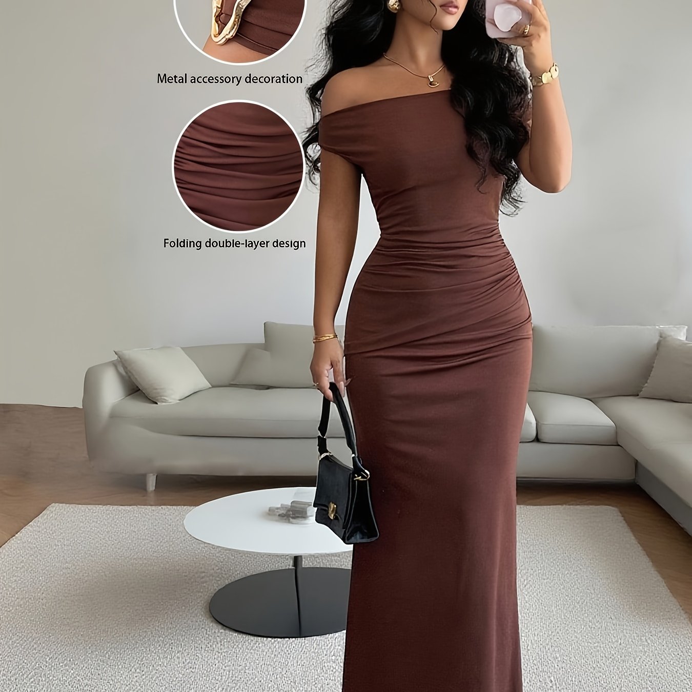 TEMU Elegant Ruched Off-shoulder Metallic Embellished Bodycon Party Dress (women's)