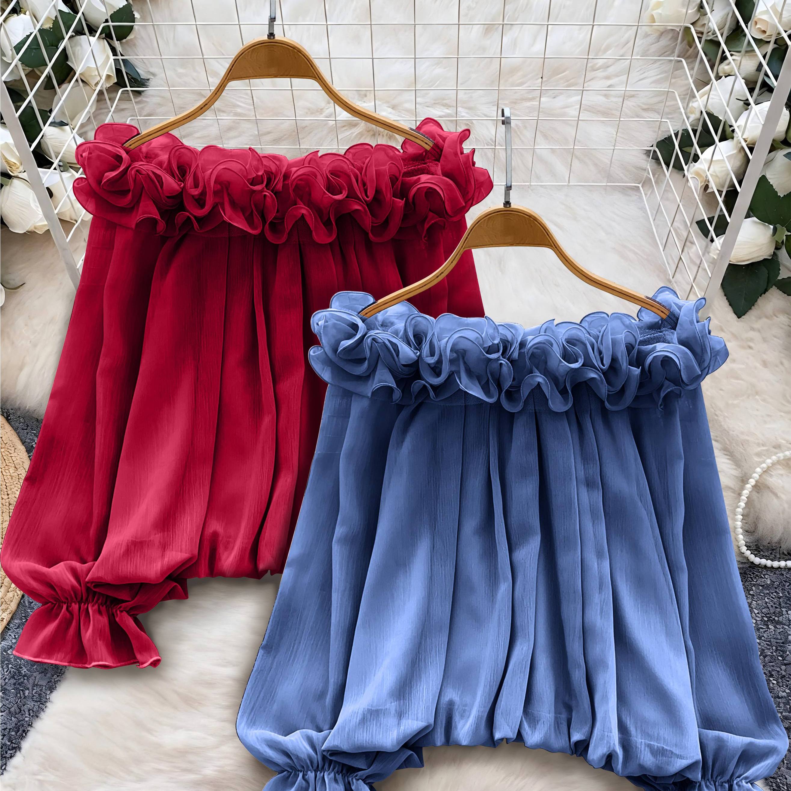 Image of Pack Of 2, Women's Atmosphere Temperament Shoulder Fungus Edge Splicing Long-sleeved Chiffon Shirt Loose And
