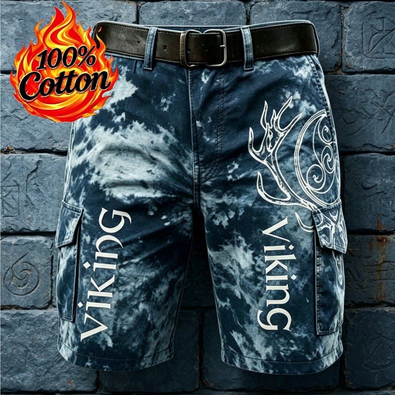 Image of 1pc Men's 100% Tie-dye Viking Antler Letter Print Cargo Shorts, Multi-pocket Contrast Casual Work Shorts With Free Leather Belt, Loose Fit Shorts For Summer Outdoor Street Daily Vacation Wear