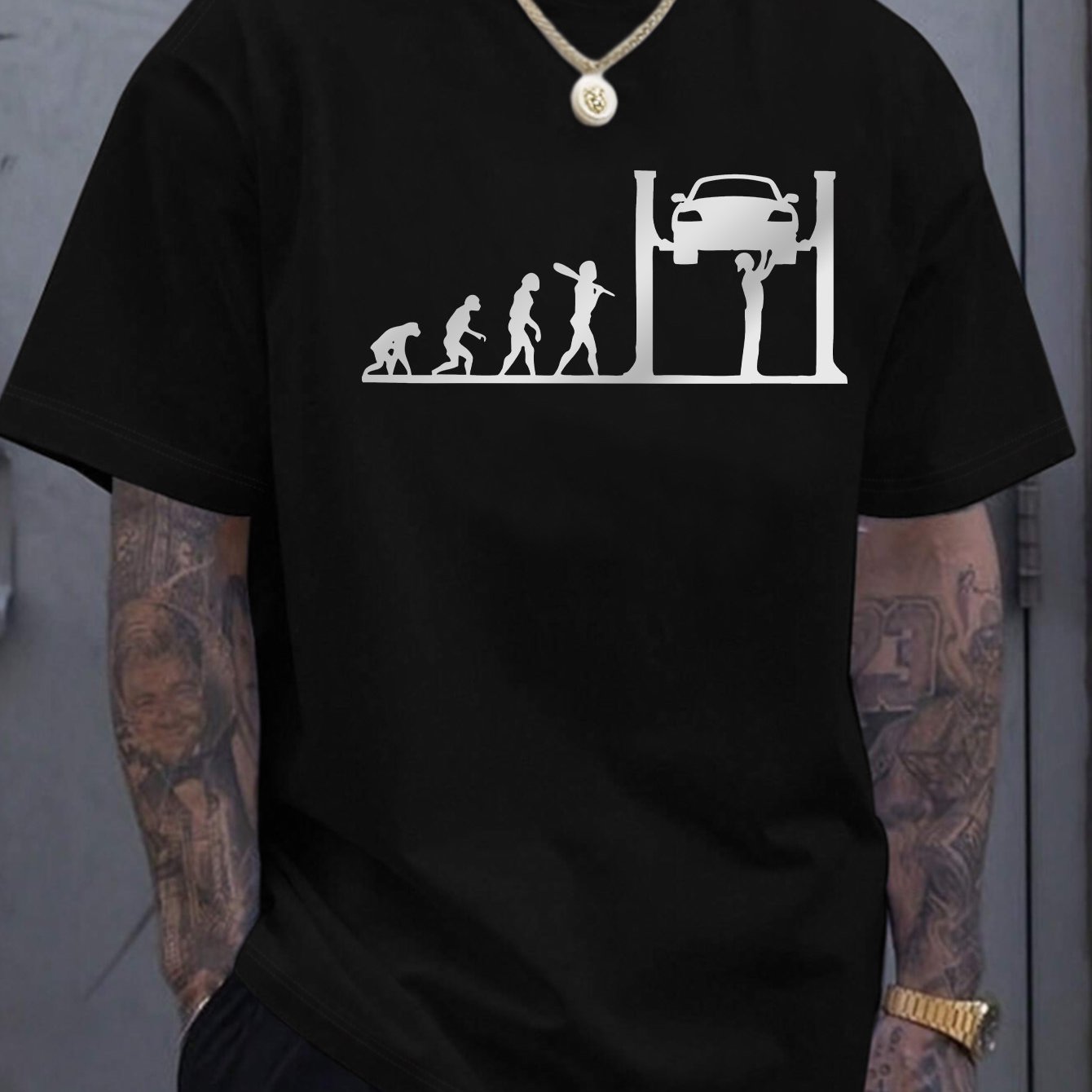 TEMU Men's Casual Short Sleeve T-shirt With Car Repair - 100% Polyester, Lightweight 180gsm, Regular Fit Round Neck, Breathable Summer Tee For