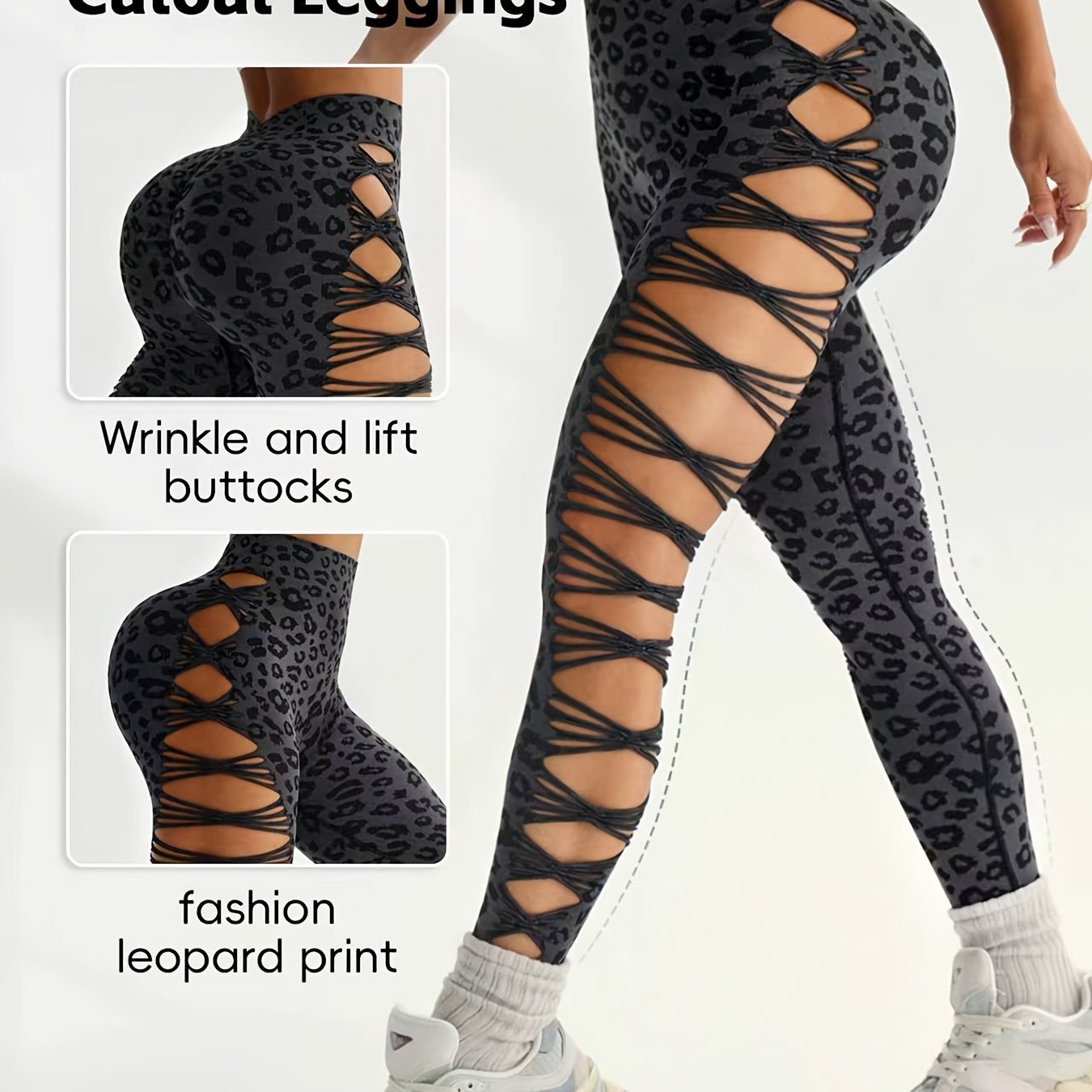 Image of Women's Spring Summer New High Waist Tight Y2k Side Tie Hollow Out Black Gray Leopard Print High Pants Slim Workout Daily Wear