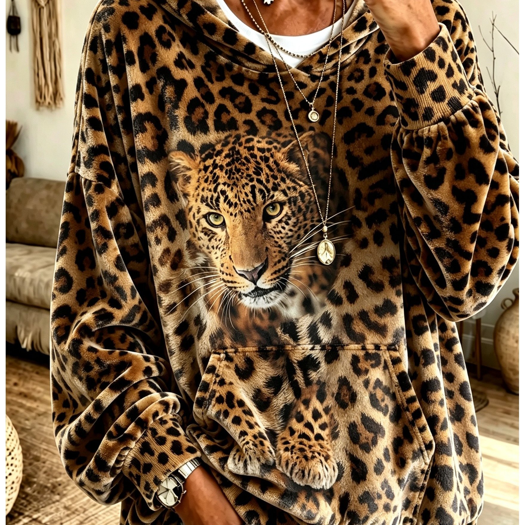 TEMU Sweat à capuche élégant en velours pour femme avec un imprimé léopard stylé ; pull à manches longues parfait pour décontractées, les réunions,