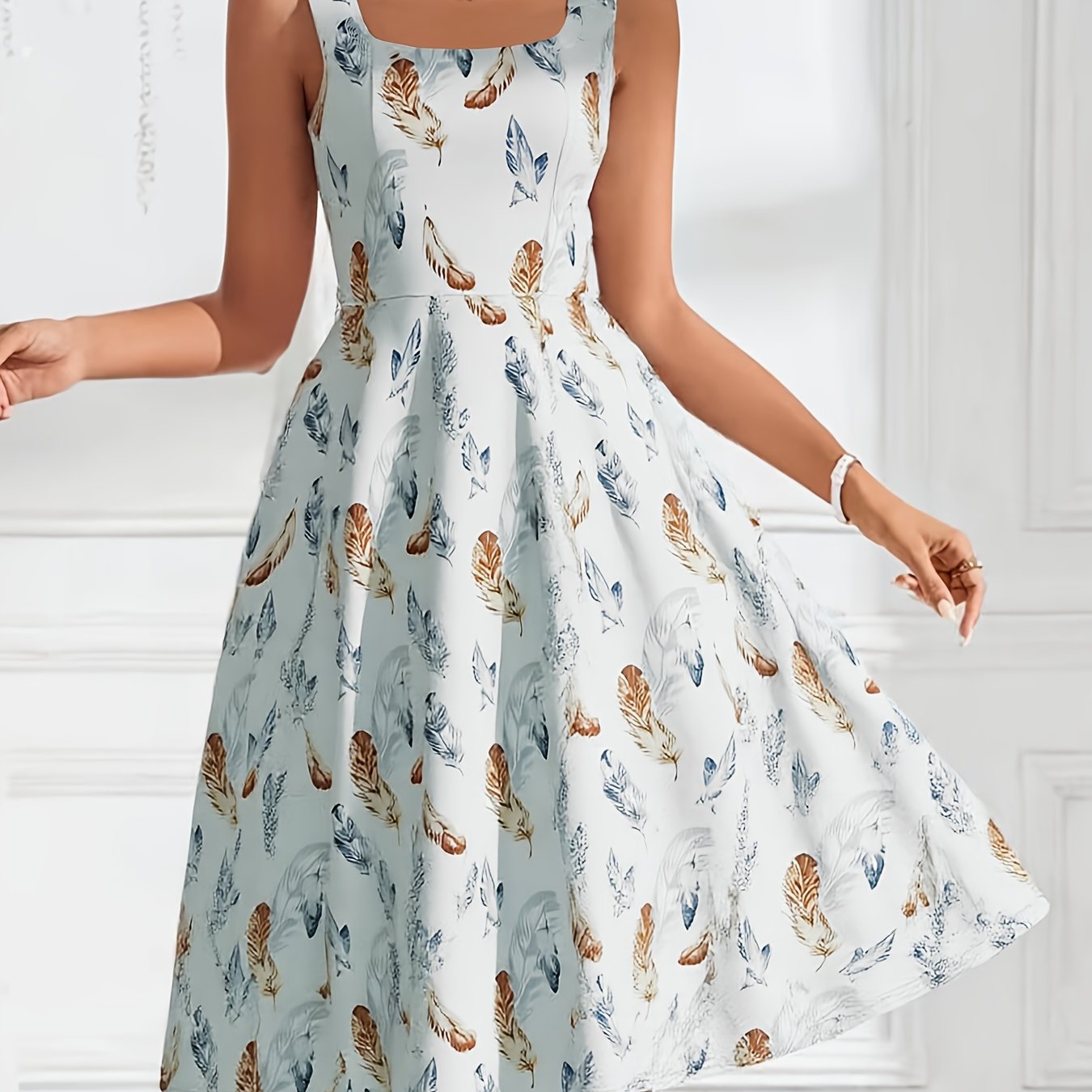 TEMU Women's Vintage Elegant Sleeveless A-line Dress - Square Neck Short To Mid-length Summer Dress With Full-body Print, Machine Washable Short/