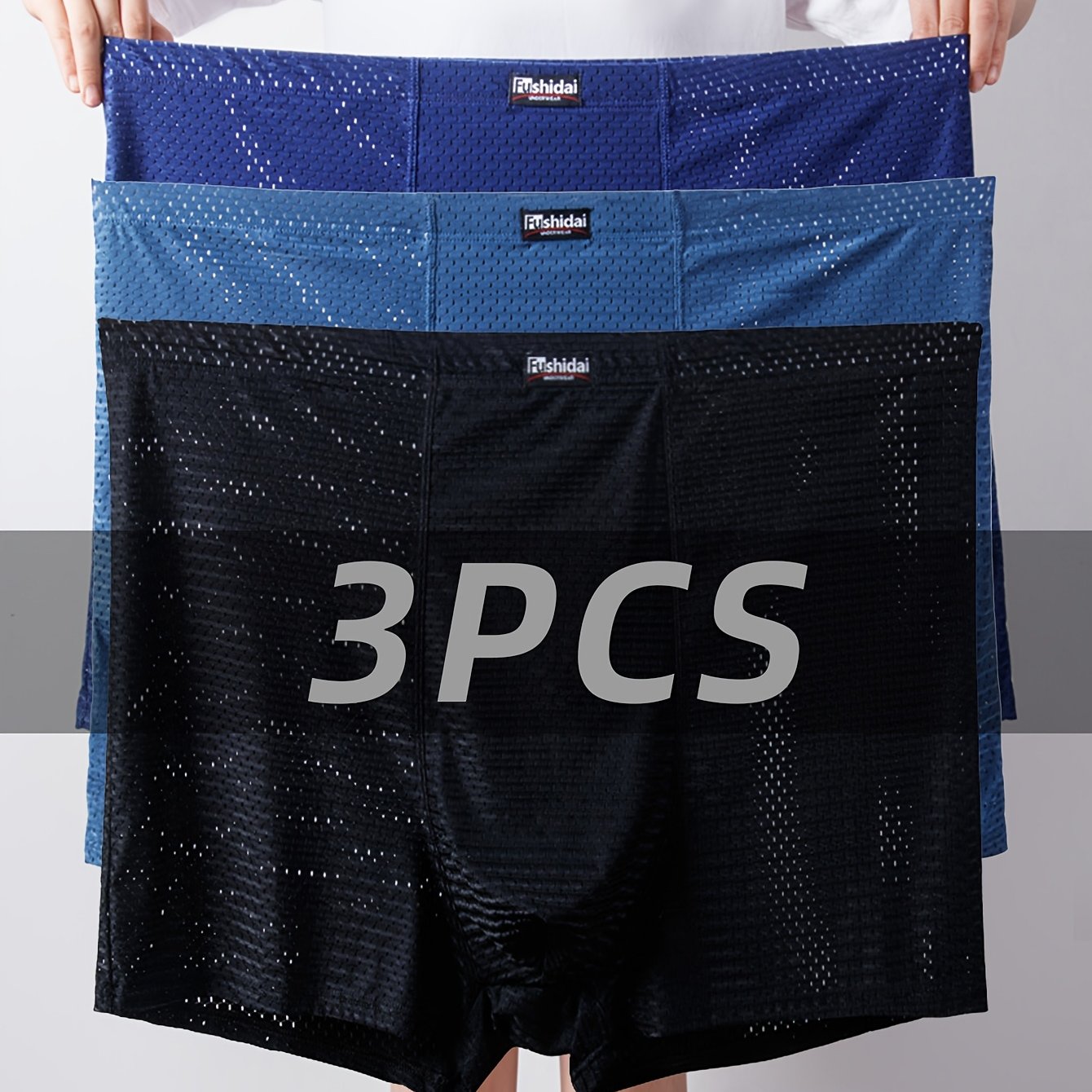 3pcs Mesh High-waisted Men's Boxer Briefs, Plus Size Long Boxers, Cool Fiber Fabric, Suitable For Men Weighing 120 Lbs To 480 Lbs, Loose, Comfortable, For Overweight Men, Plus Size
