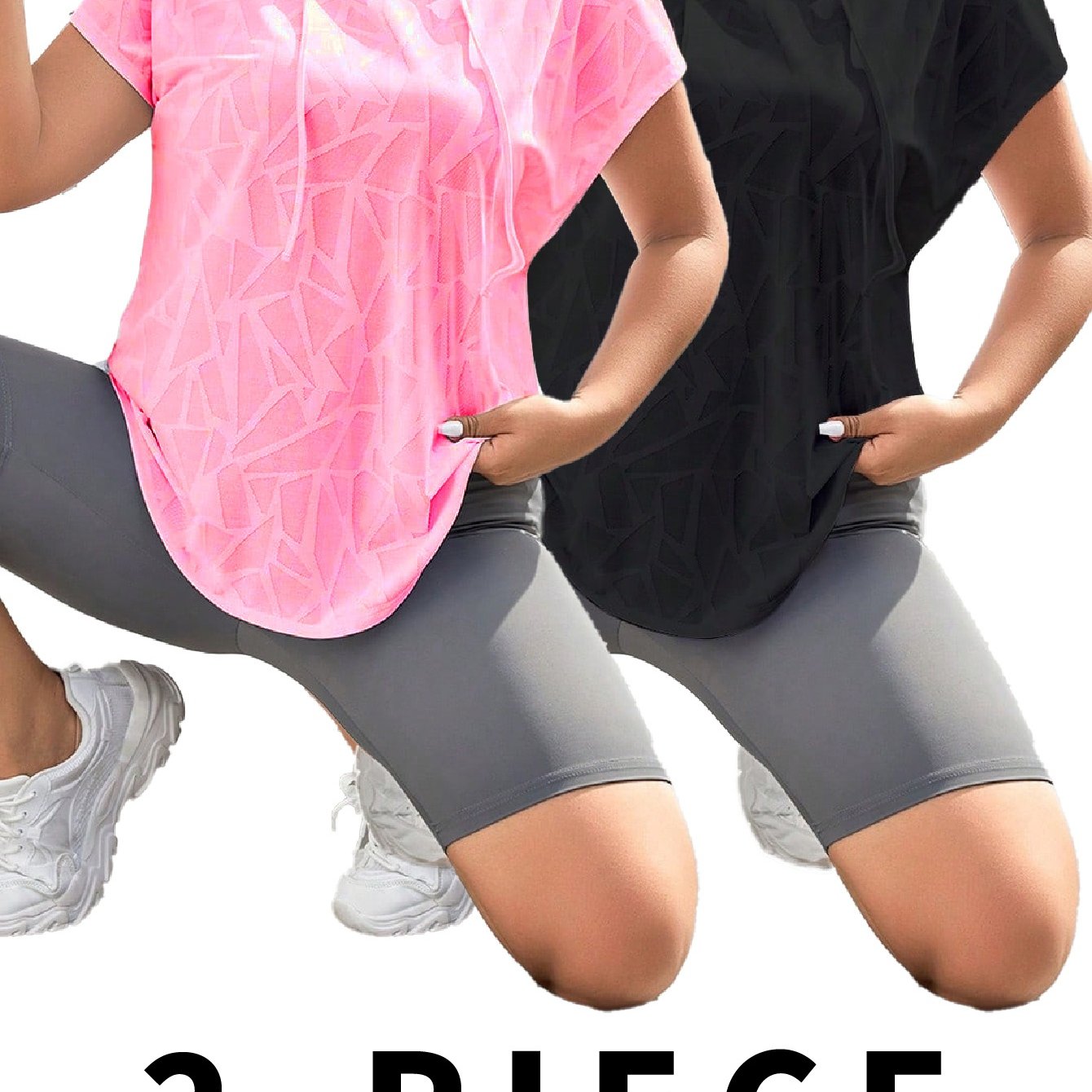 E-shop Plus Size Outdoor Sport Casual Yoga Kapuzen-Geometrie Jacquard-Stoff Textur T-Shirt Zweiteiler Set