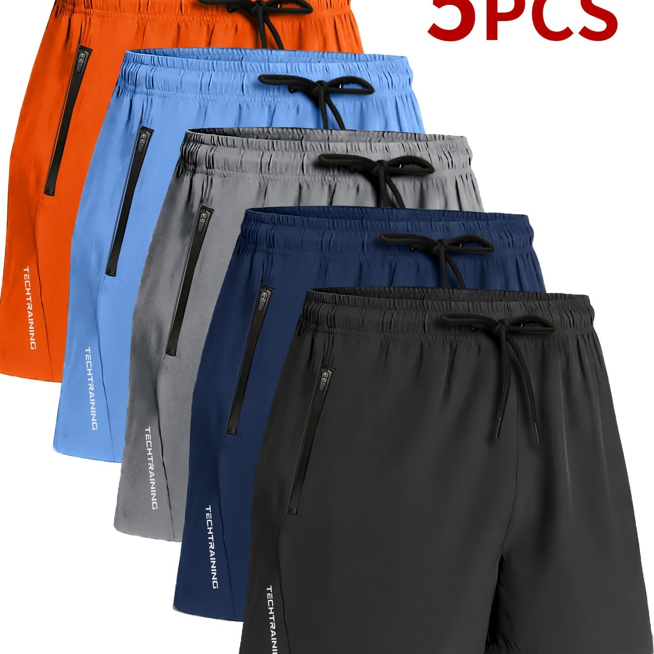 E-shop 5er-Set Herren Sommer-Sportshorts mit Kordelzug und Reißverschlusstaschen - Atmungsaktives Polyester, Schnelltrocknend, Leicht & Bequem - für