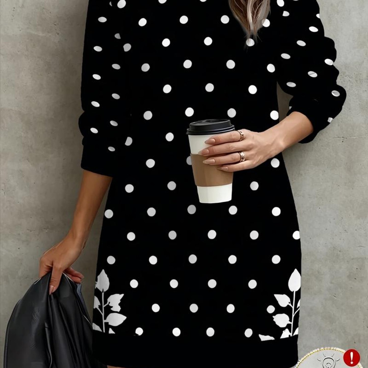 TEMU Black Background White Polka Dot With Plant Pattern Casual Mid-length Fitted Sweatshirt