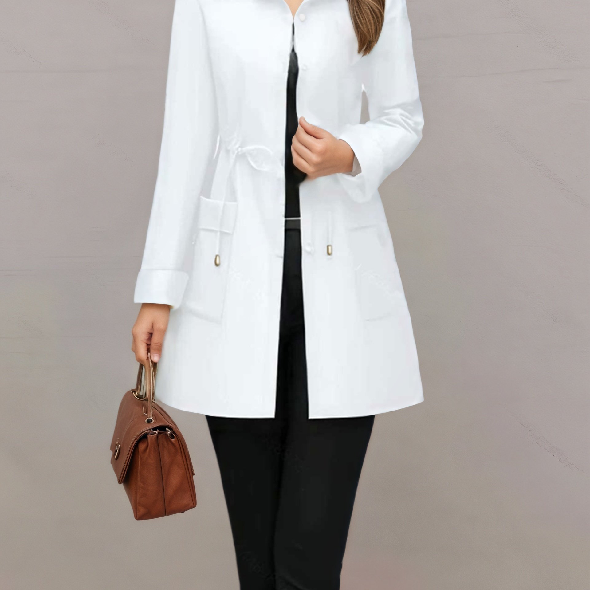 TEMU Elegant Fashion Women' Color Blouse Shirt Spring Summer Fall Office Long Sleeve Top With Drawstring Waist And Double Pockets