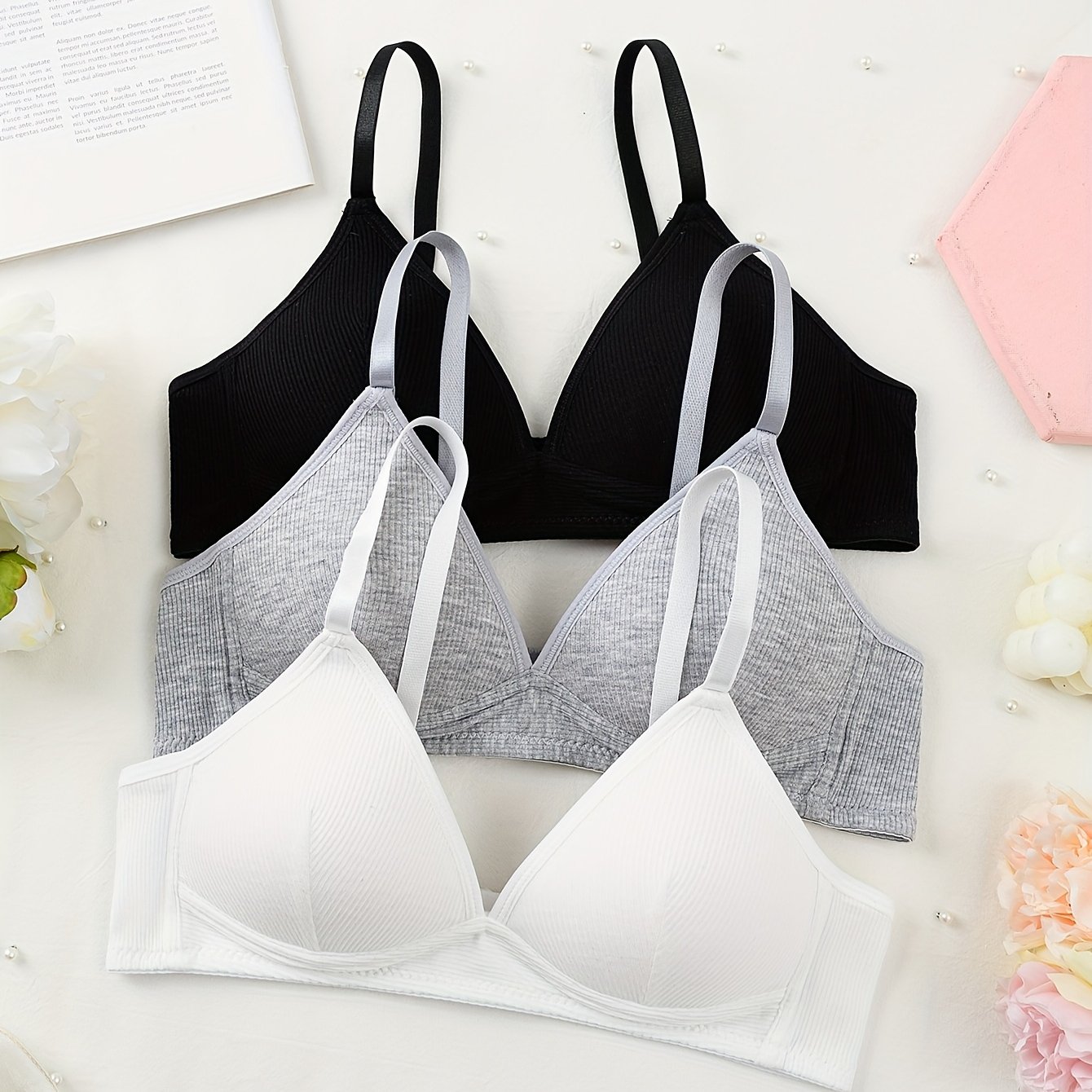 3pcs Girls' Teen Bra, Simple Solid Color Wire-free Comfortable Soft Underwear