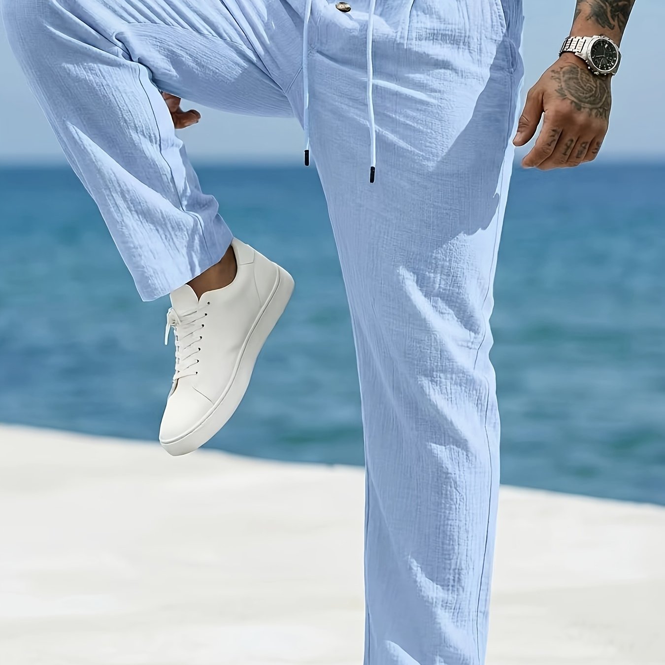 TEMU 's Spring/autumn Casual Linen Sports Beach Pants, Breathable Solid Color High-waist Loose Fit Long Trousers