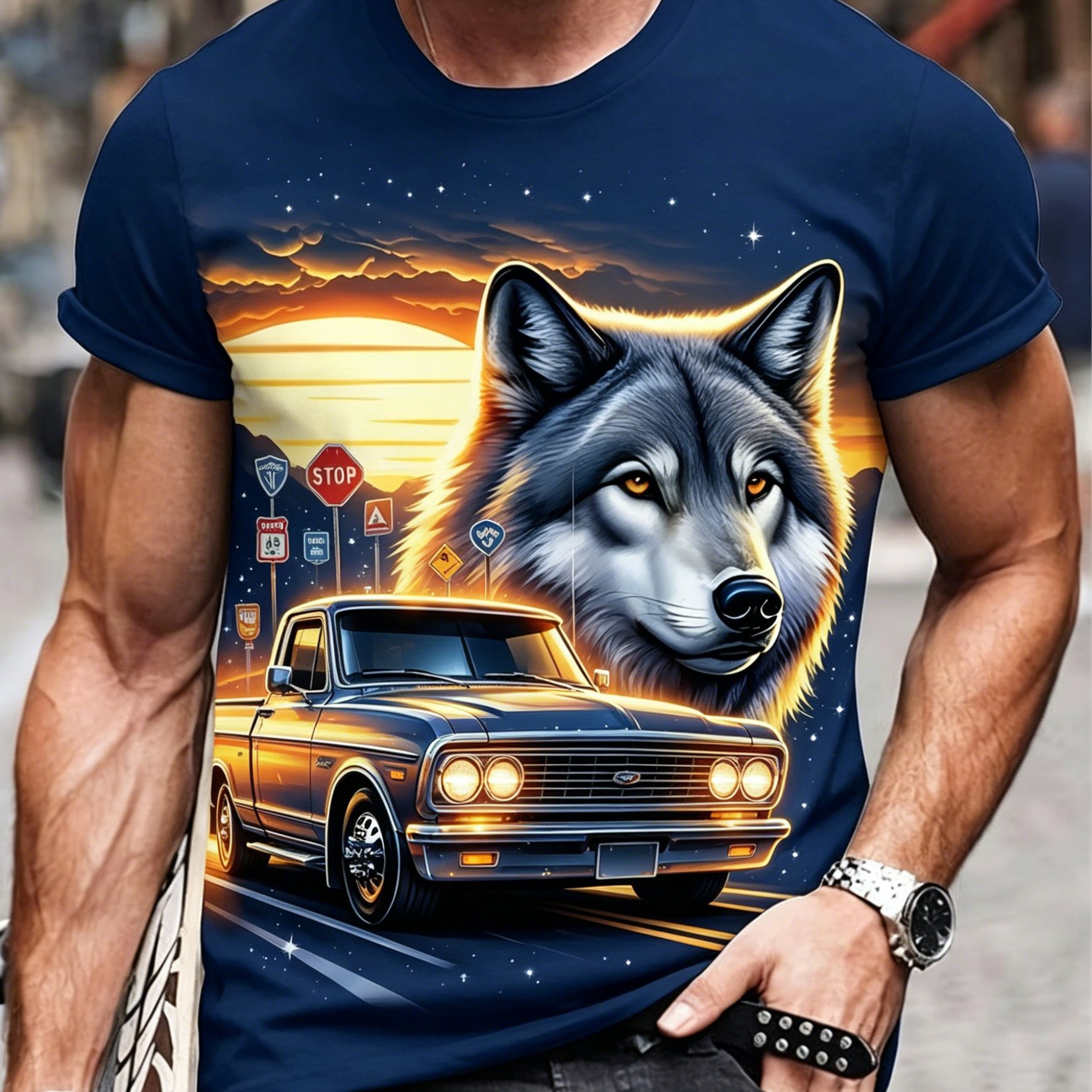 TEMU Men's Vintage Wild Wolf & Pickup Truck T-shirt - Full-body Retro Print Short Sleeve Crew Neck Top, Plus Size Xl Loose Fit Casual Summer Shirt