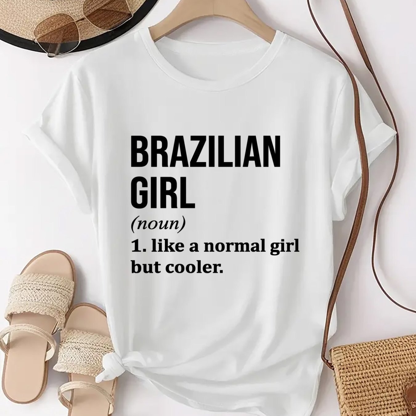 TEMU Women's Brazilian Print T-shirt - Dance Round Neck Short Sleeve Top, Stretchy Casual Blouse For Daily Wear & Sports, Machine Washable Suitable