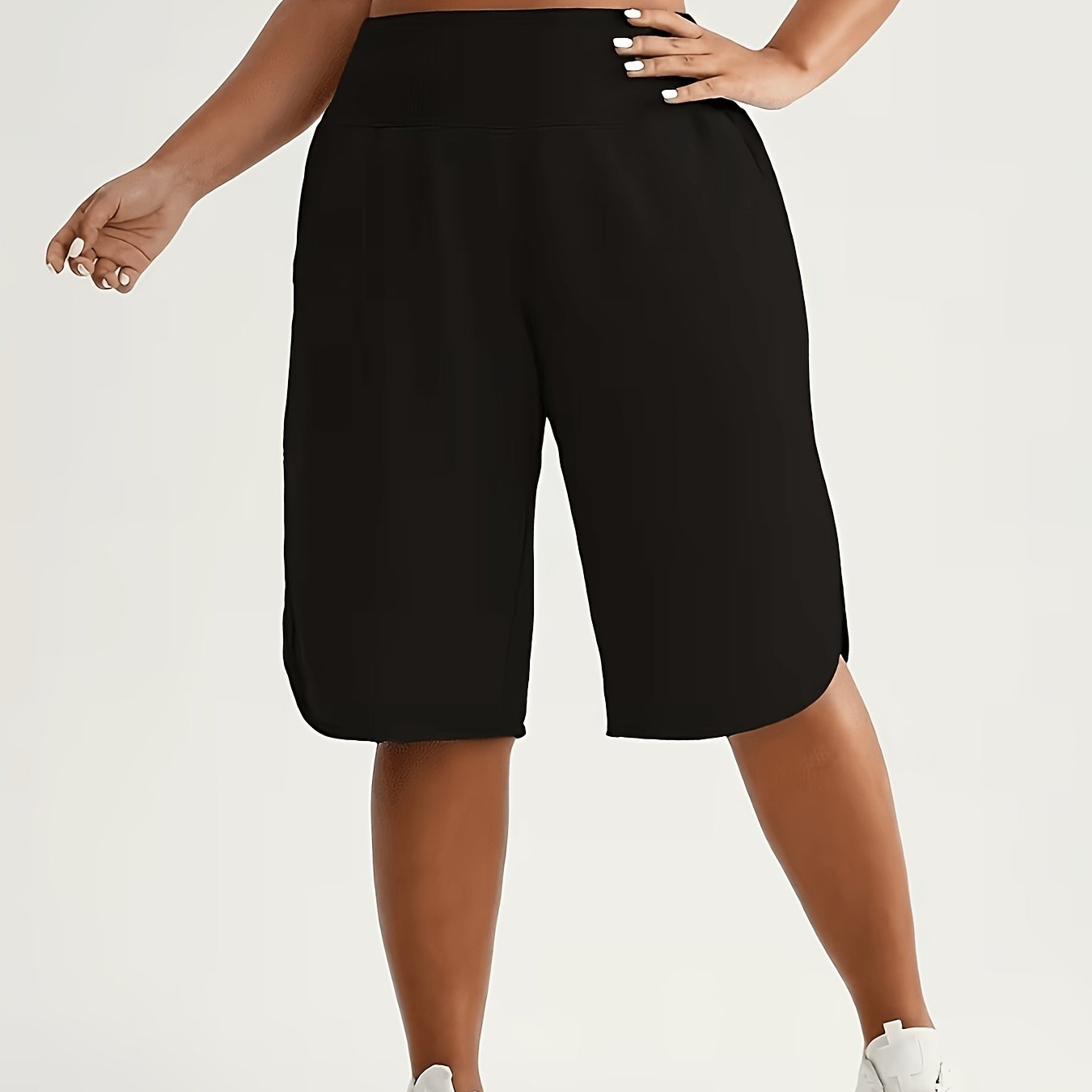 TEMU Plus Size, Plus Size High Waist Wide Leg Knee Shorts, Casual Comfy Pants