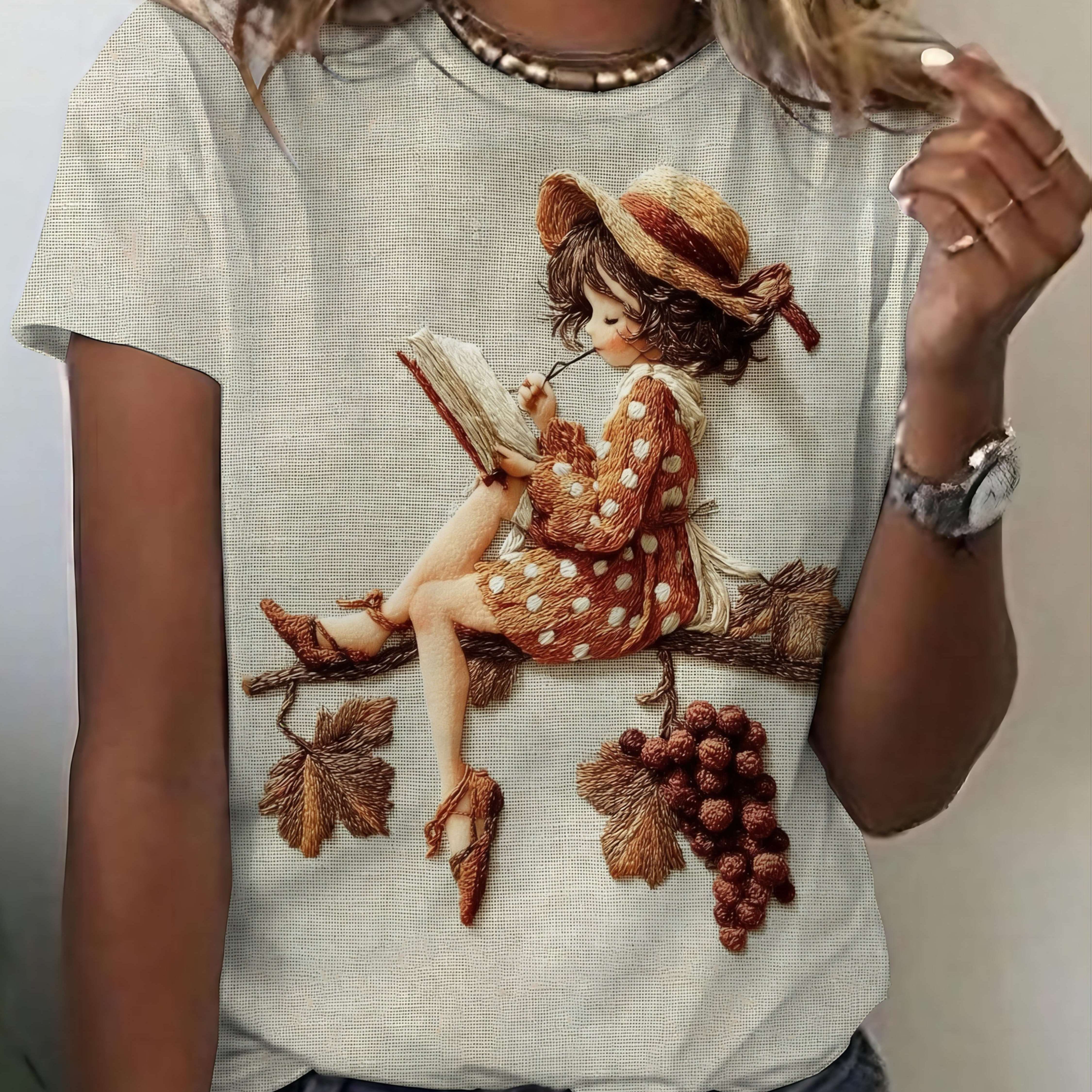 TEMU Reading Under Grapevine Print Women's T-shirt, Age-reducing Short Sleeve Top, Women's Fashion Casual Top, Fashionable Individual Casual Short