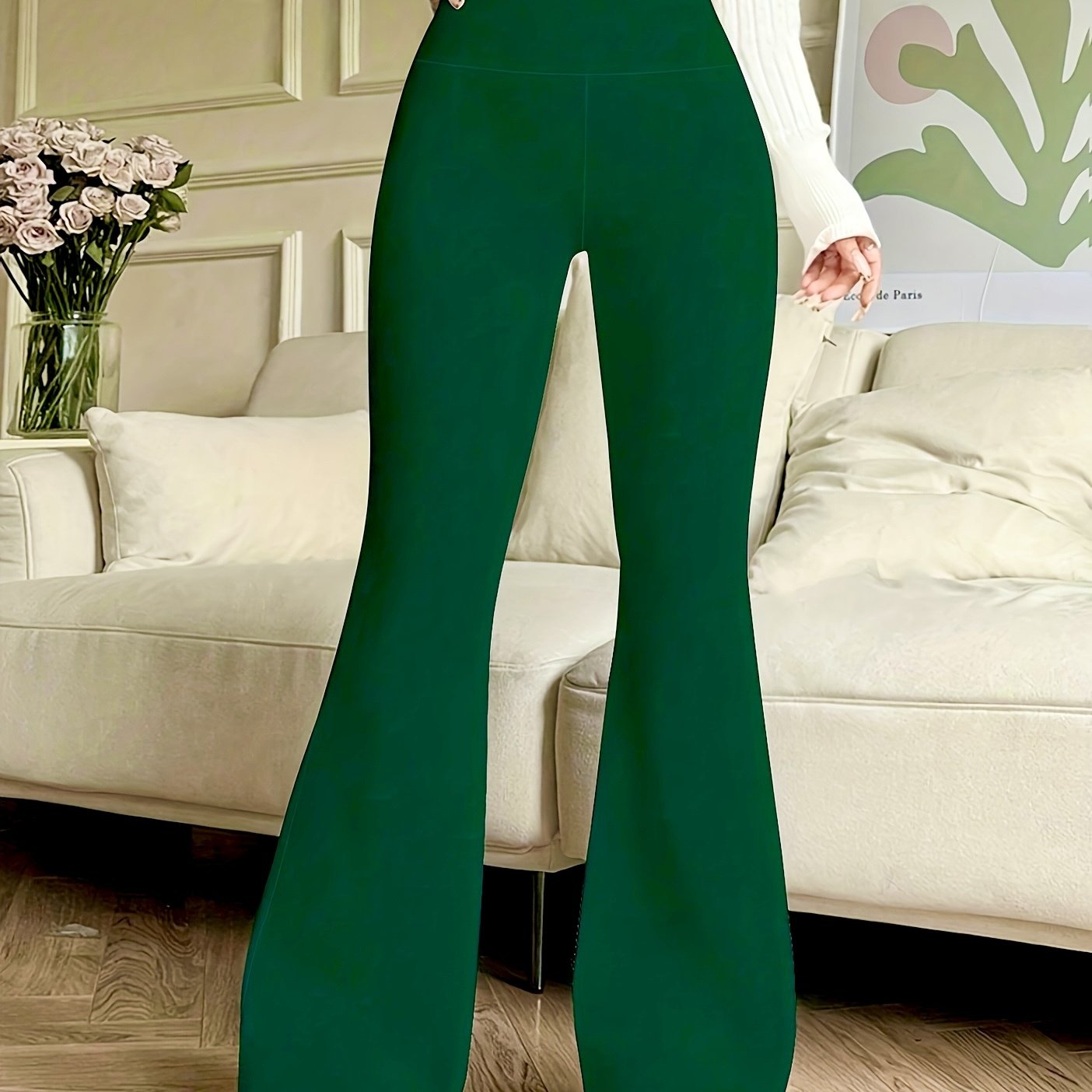 TEMU Ladies' High-waisted Flared Pants - Sexy Dark Green Wide-leg Trousers With A -lifting Design, Stretch, Casual Wear, Comfortable Fashion, Pants,