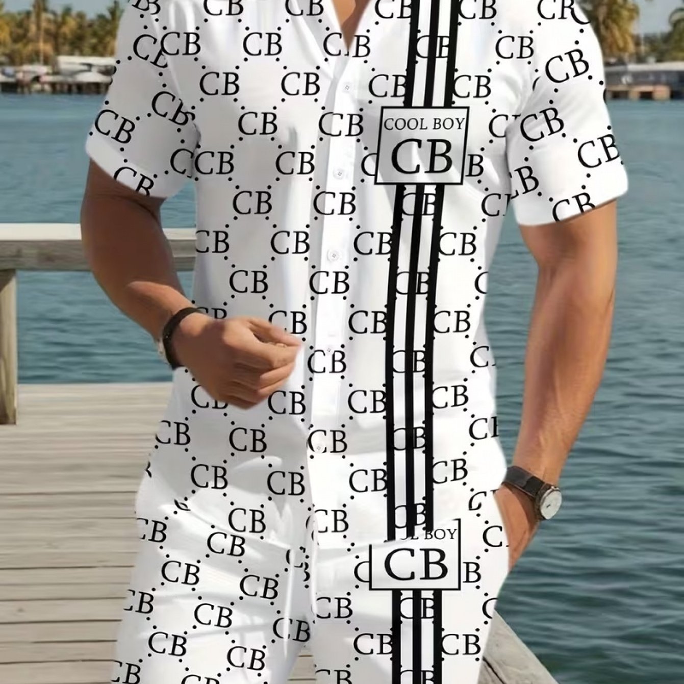 TEMU Men's Casual 2-in-1 Look Set: Full Print Cb Letter Vertical Stripe Print Lapel Short Sleeve Shirt And Shorts
