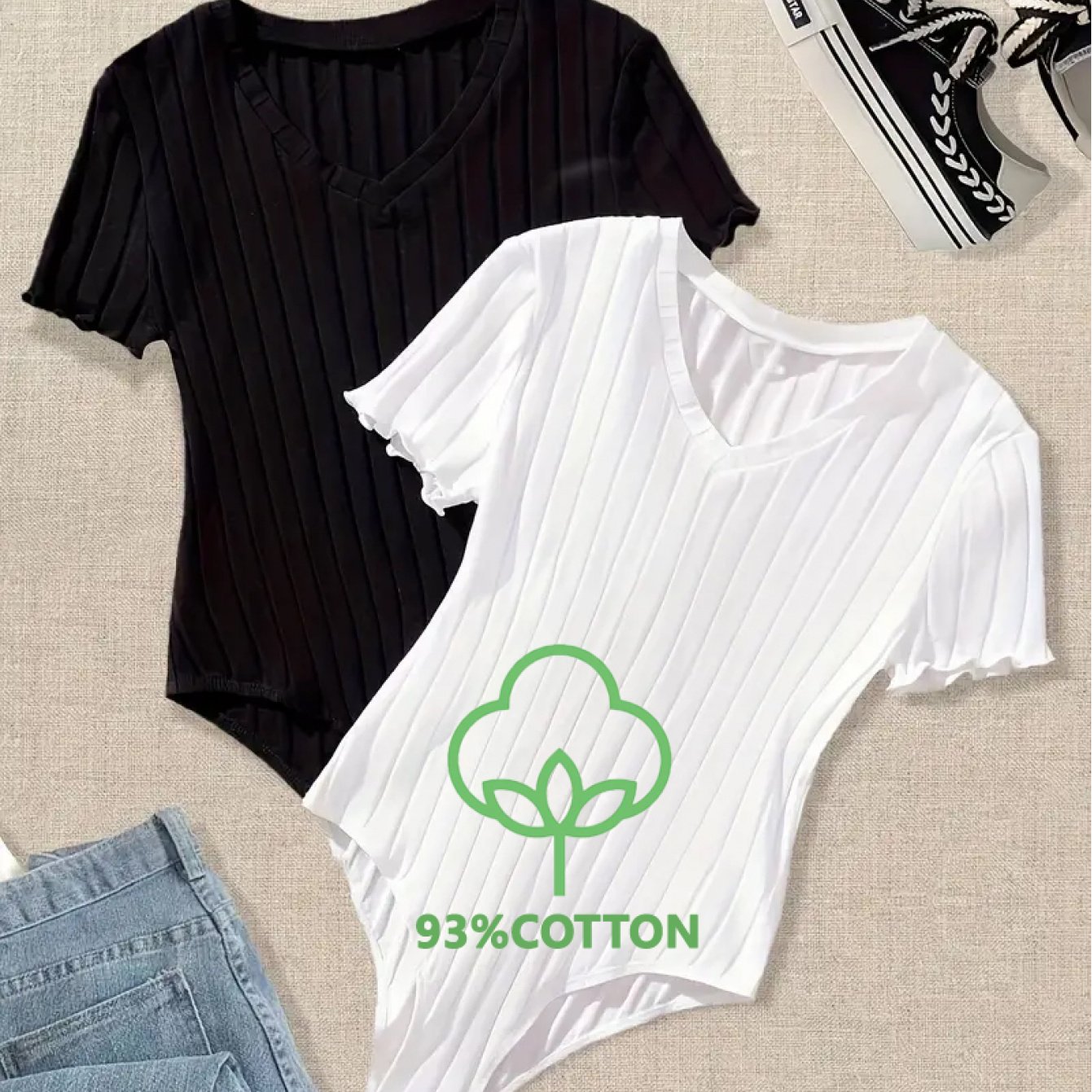 2pcs Ribbed V-neck Bodysuit