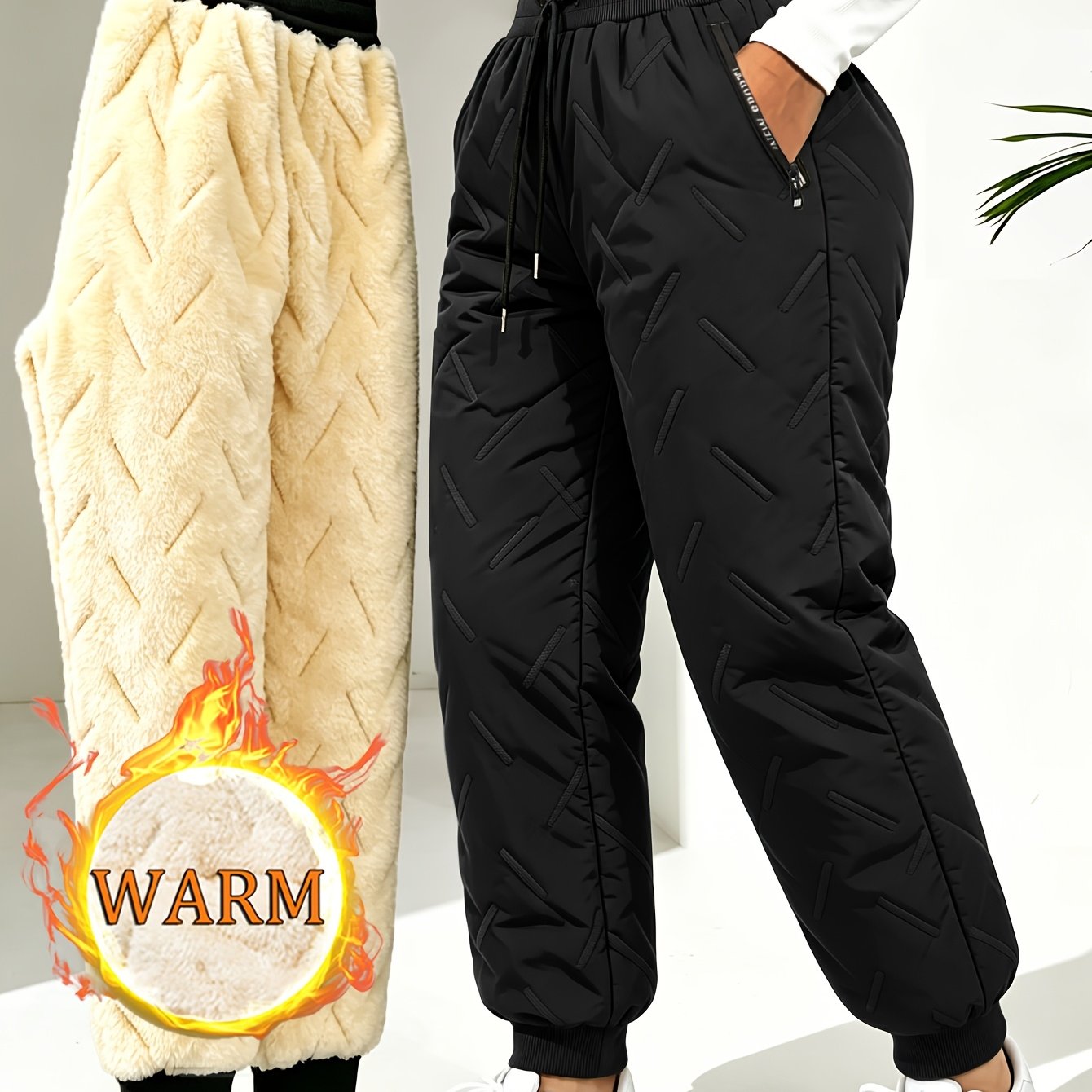 TEMU Women's Winter -lined Thickened Casual Trousers With Zipper Pockets, Technology Embossed Textured Fabric, Comfortable Ribbed Waistband With