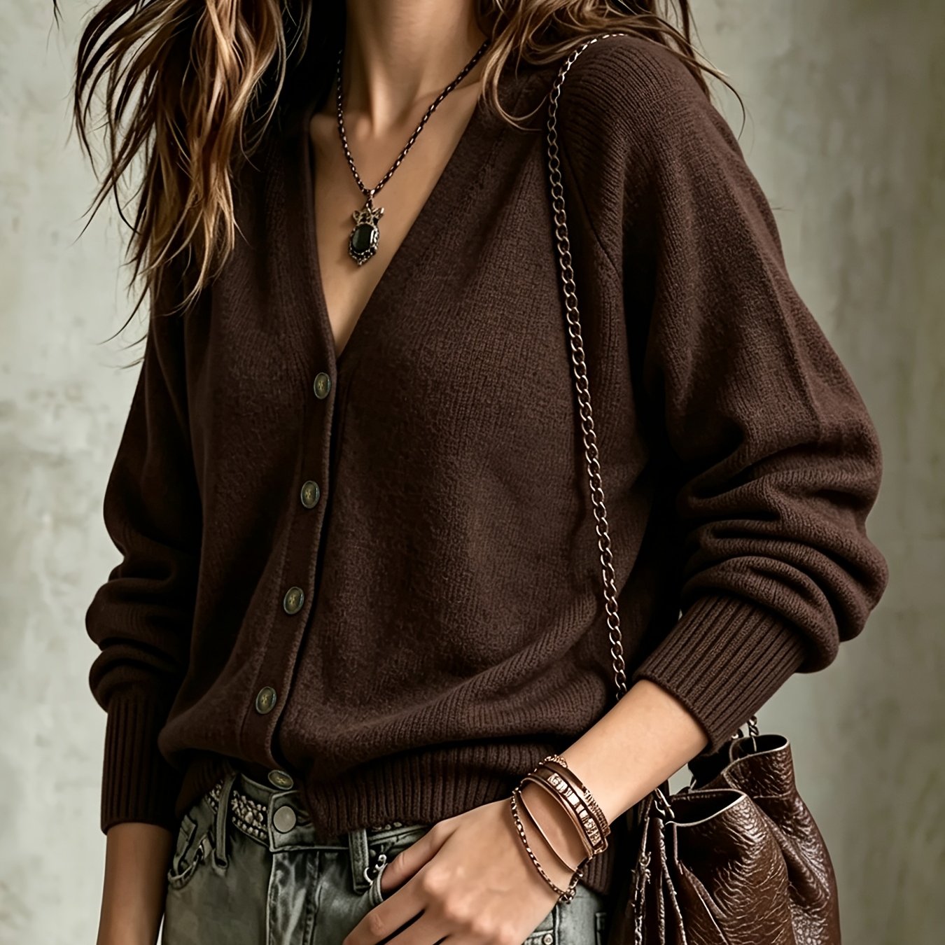 TEMU Women's Autumn/winter New Arrival Solid Color Cardigan With Button Design, Suitable For Daily Casual And Holiday Wear, Machine Washable Cardigan