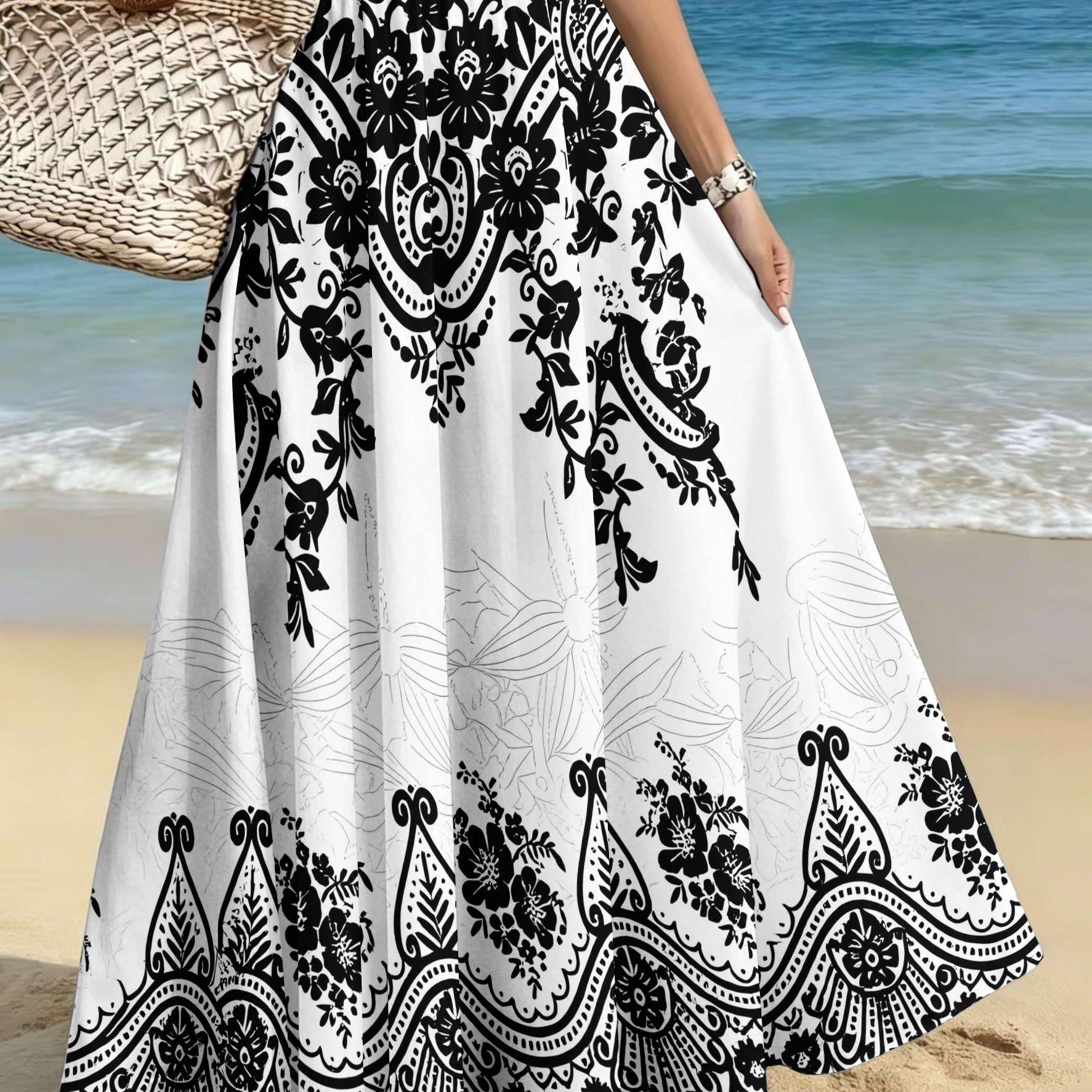 TEMU Plus Size Women's Elegant Fashion Skirt, Casual Printed Midi Dress, Black Lace Pattern Print, /casual/date/party/beach Women's Skirt, Mother's